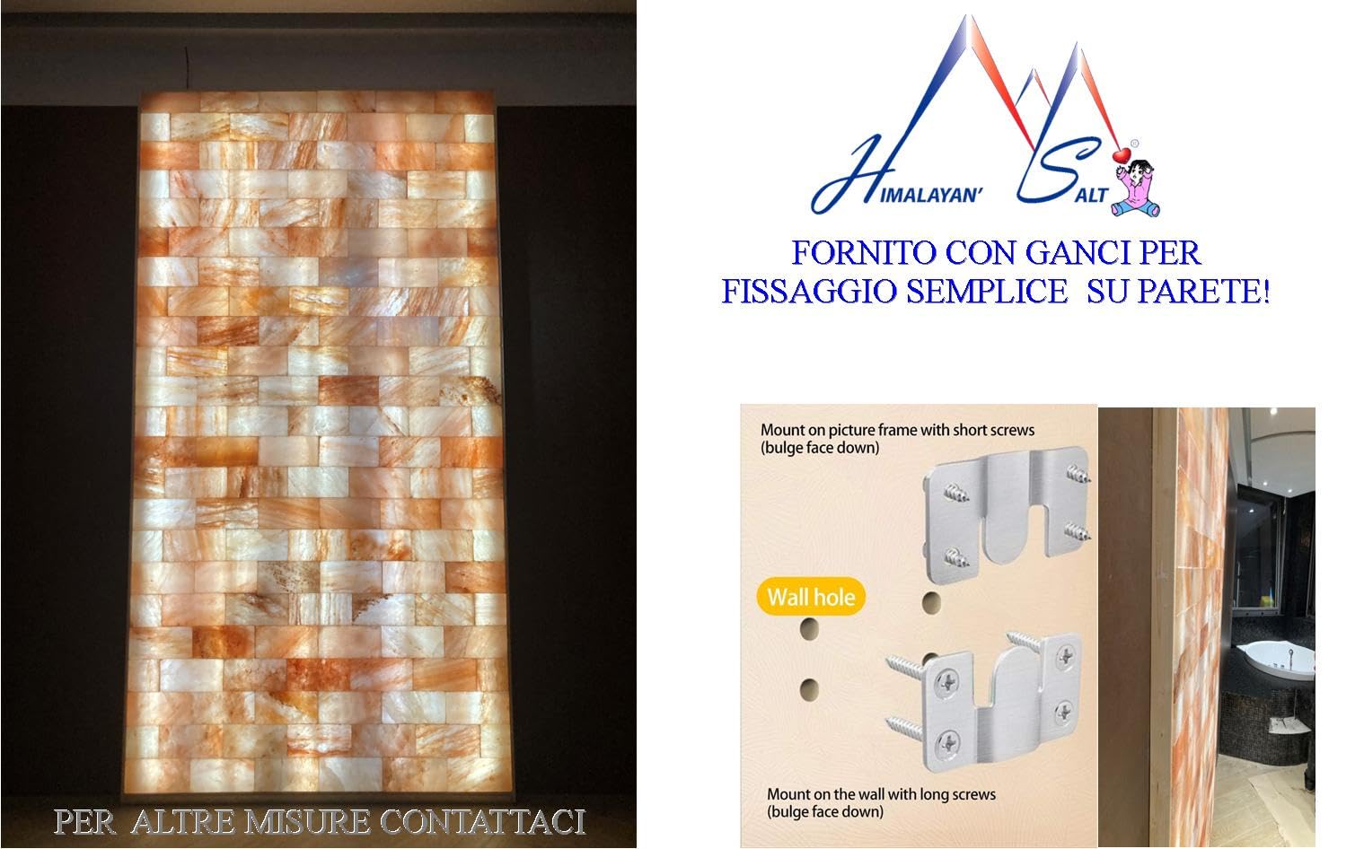 Sauna-Paneel für Wellness, Zuhause, Salzsteine, Salz, authentisch, verschiedene Größen mit Licht (H40 x L80 cm)