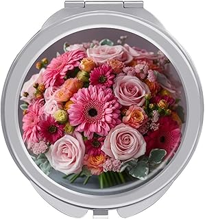Ramo de flores, espejo de maquillaje de viaje...