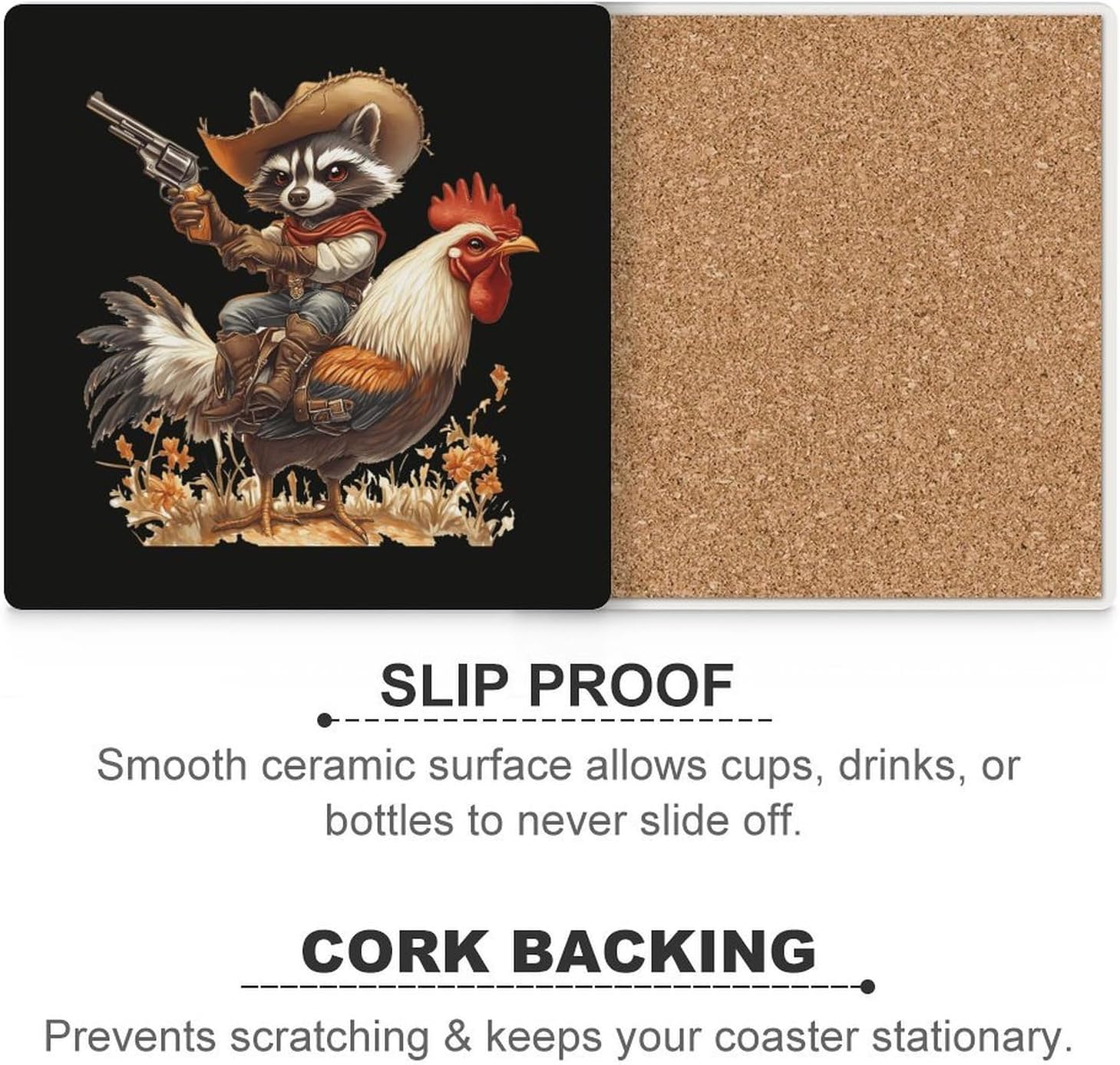 Western Raccoon Gun Rooster Coasters for Drinks Square Table Coasters Set Cup Mats with Cork Base