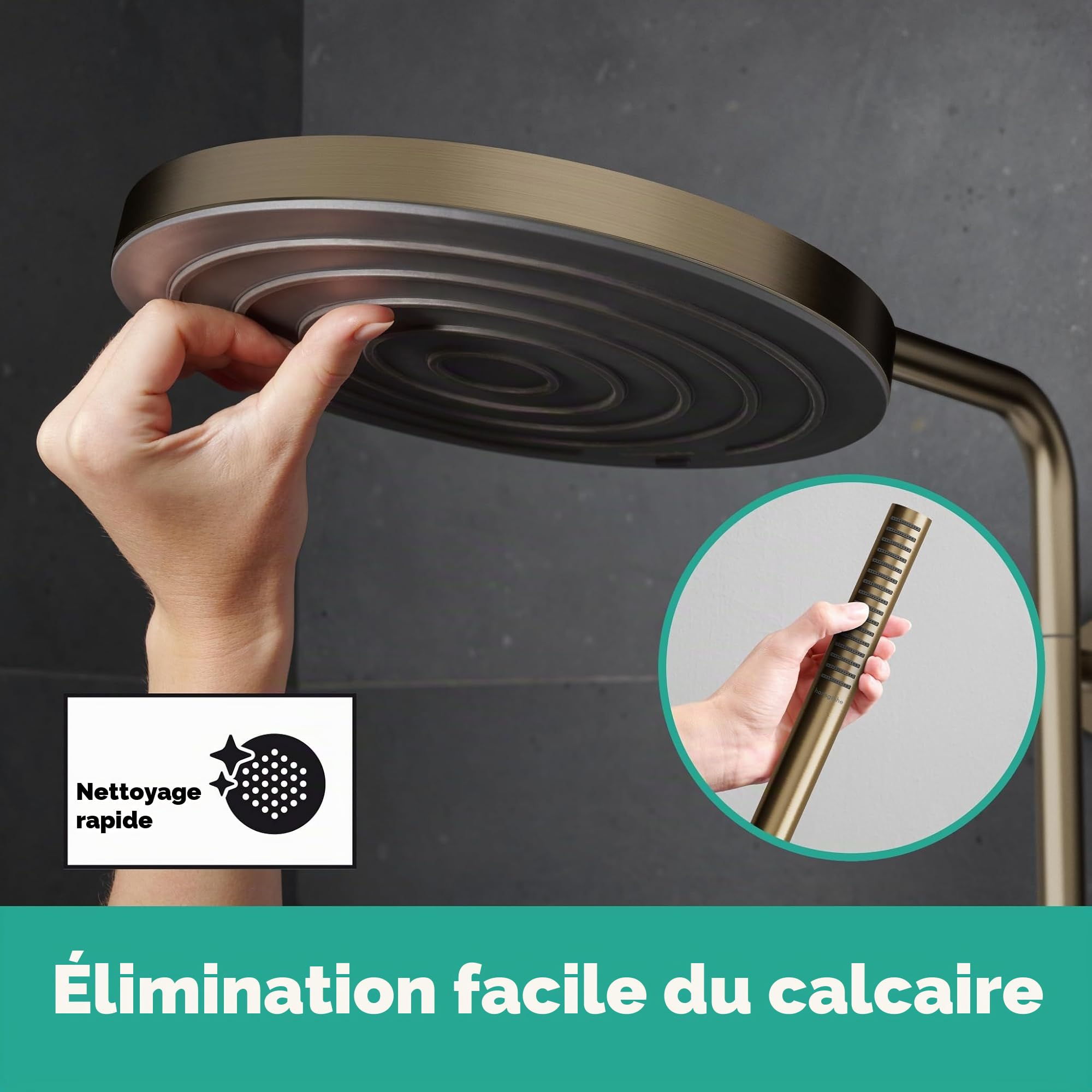 hansgrohe Pulsify S Puro - Colonne de douche avec mitigeur thermostatique, douche pluie (260mm) avec robinet, douchette, support, flexible, barre et douche de tête ronde, Bronze brossé, 24222140