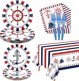 81 Pcs Nautical Party Decorations, Anckor Theme Birthday Supplies with Plates, Napkins, Nautical Tablecloth Forks for Kids Birthday Sailor Party Baby Shower Serves 20