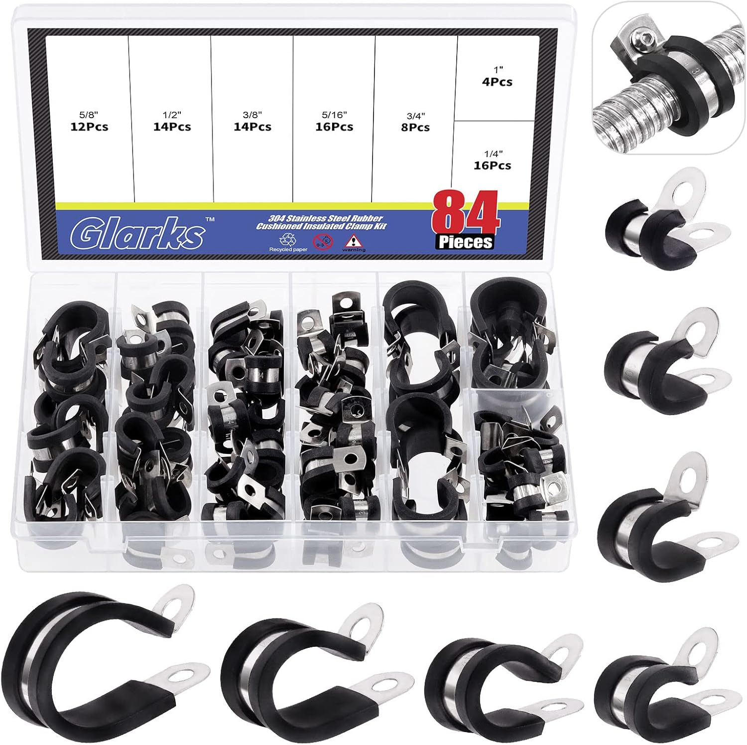 Glarks 84Pcs 1/4'' 5/16'' 3/8'' 1/2'' 5/8'' 3/4'' 1'' 304 Stainless