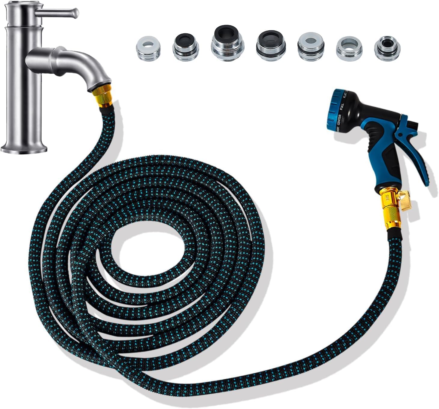Sink Hose Attachment for Faucet 50 FT Indoor, Kitchen Bathroom Hose Faucet with 7 Adapters for Watering Indoor Plants, Washing Pets, Household Cleaning, Car Washing, Blue