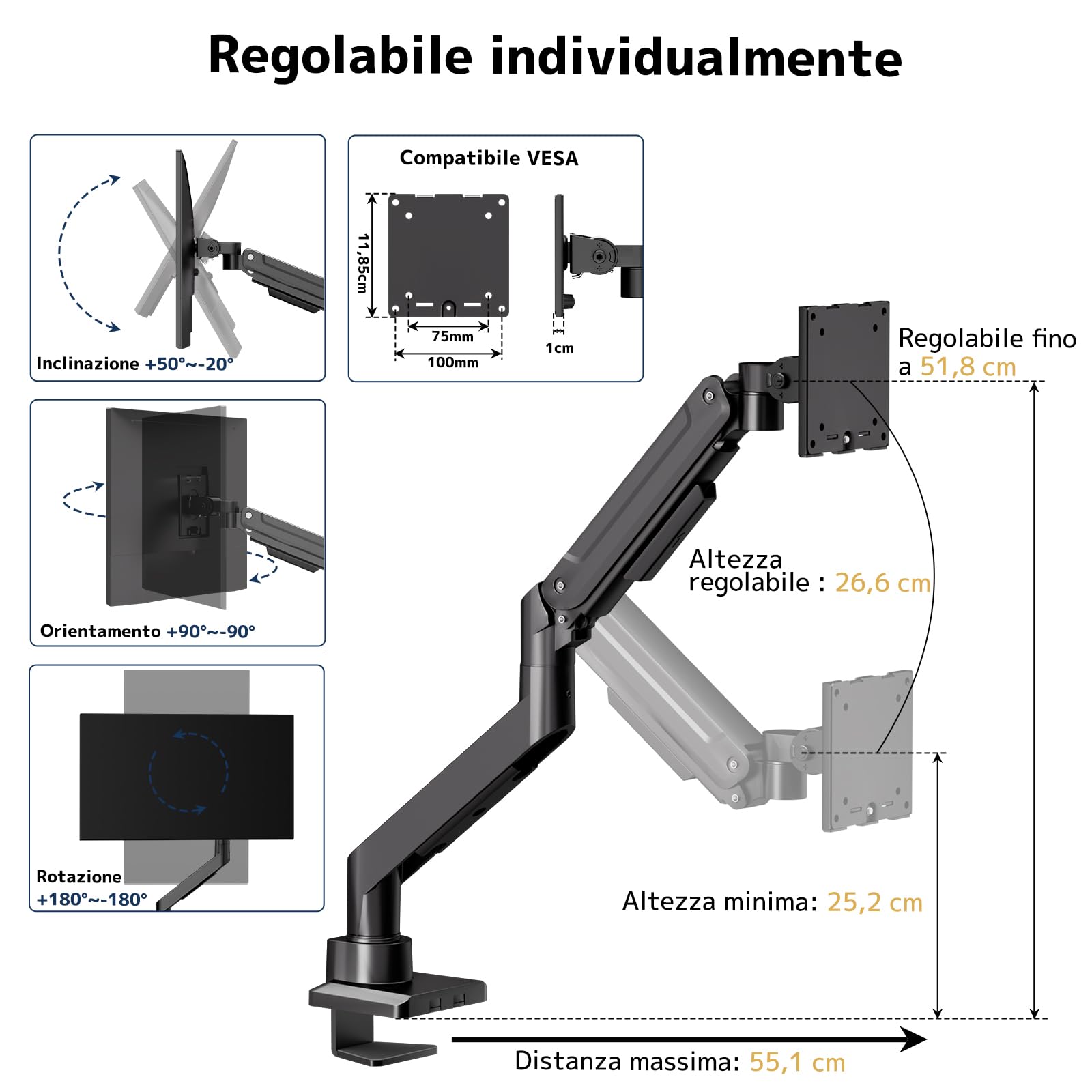 Supporto Monitor 1-Monitor da 17-49 Pollici – Braccio Monitor Ultrawide, Inclinabile, Regolabile in Altezza, Girevole, Portata Max 20KG, VESA 75/100mm, Nero