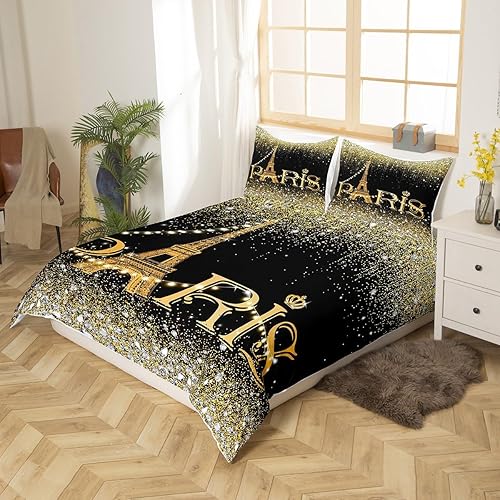 Miniatura 2 de Erosebridal Juego de ropa de cama de París con purpurina, funda de edredón de torre Eiffel para niñas, funda de edredón suave de diamantes