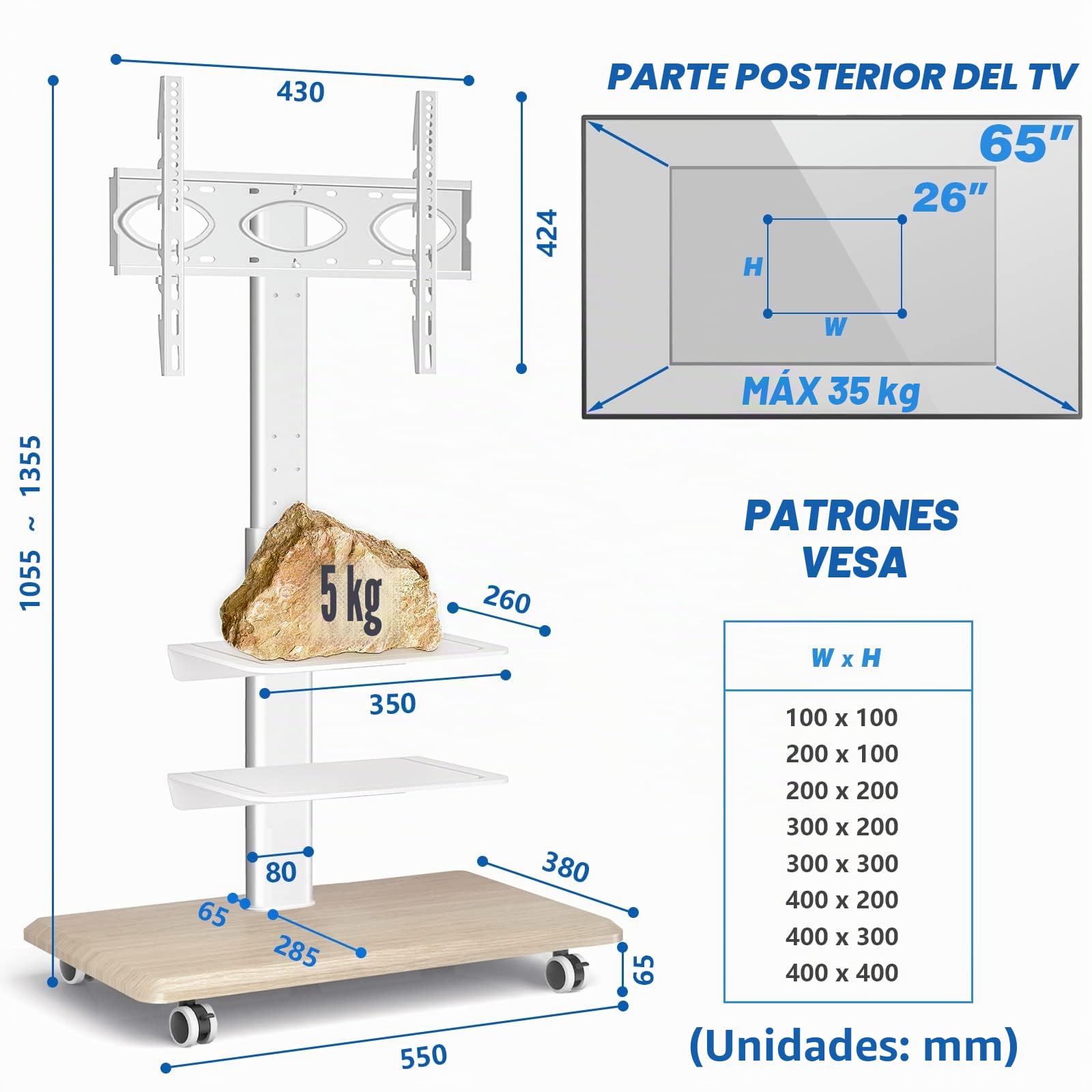 RFIVER Soporte TV con Ruedas para 26-65 Pulgadas, Pie de Suelo con 3 Baldas, Giratorio y Altura Ajustable, Hasta 35 Kg, VESA Máx 400x400mm, Blanco