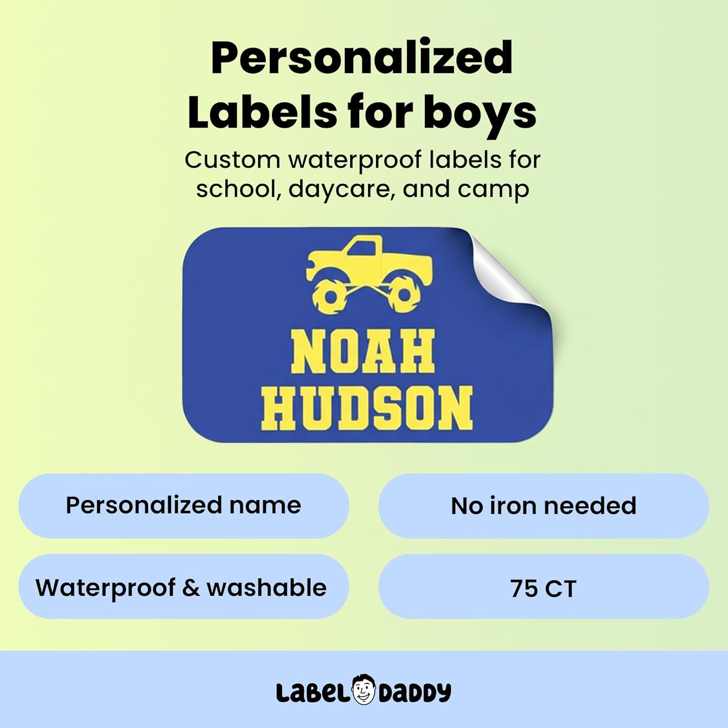 Label Daddy Personalized Waterproof Name Extra Small Labels for Boys – Custom Kid's Labels for School & Camp – No Iron Needed – Durable for Bottles, Backpacks, Shoes & More – 75 Ct | Truck Design