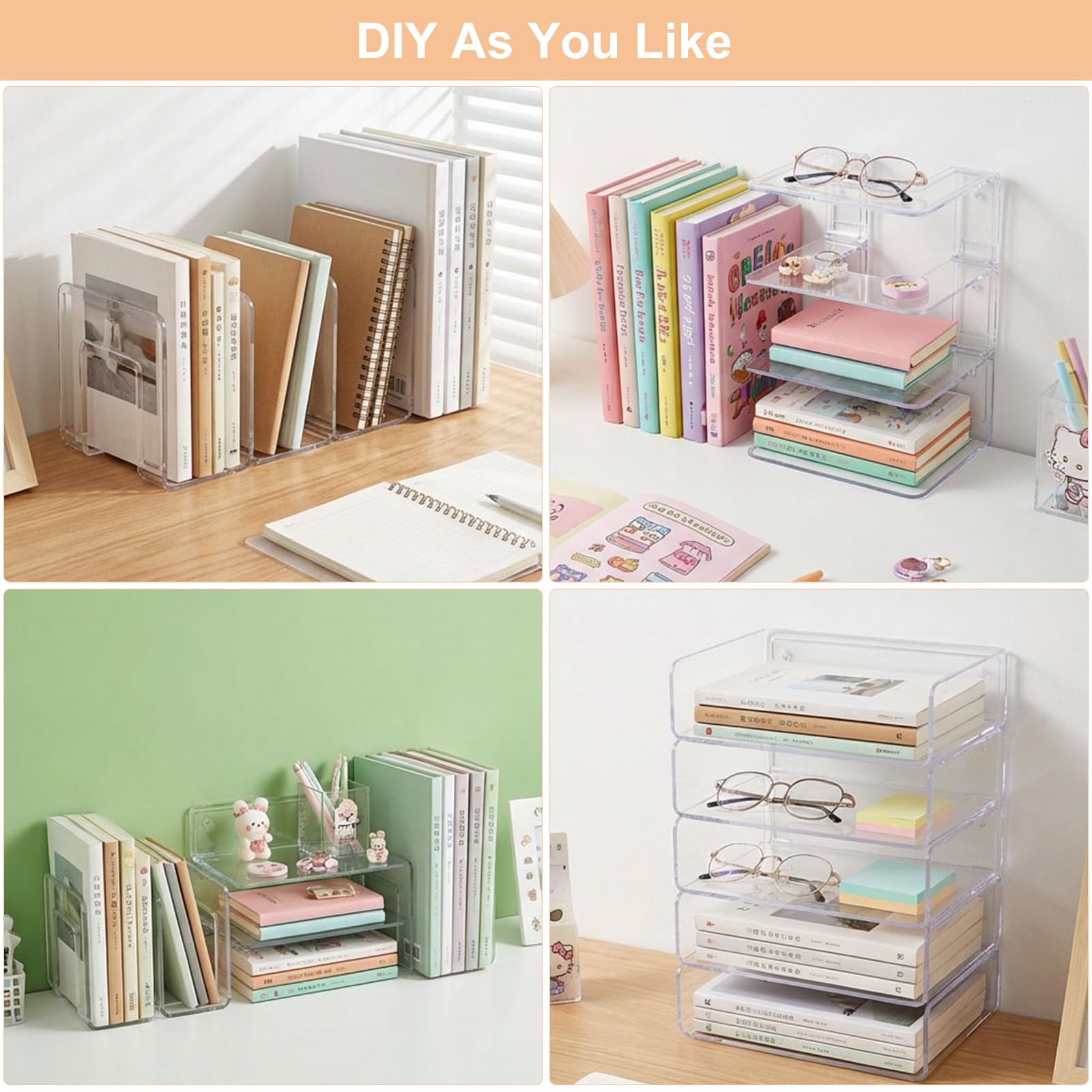 Organizadores para Libros y Documentos Pack de 2, Porta Documentos Revistero 4 Compartimentos, Organizador Escritorio PVC Transparente A4