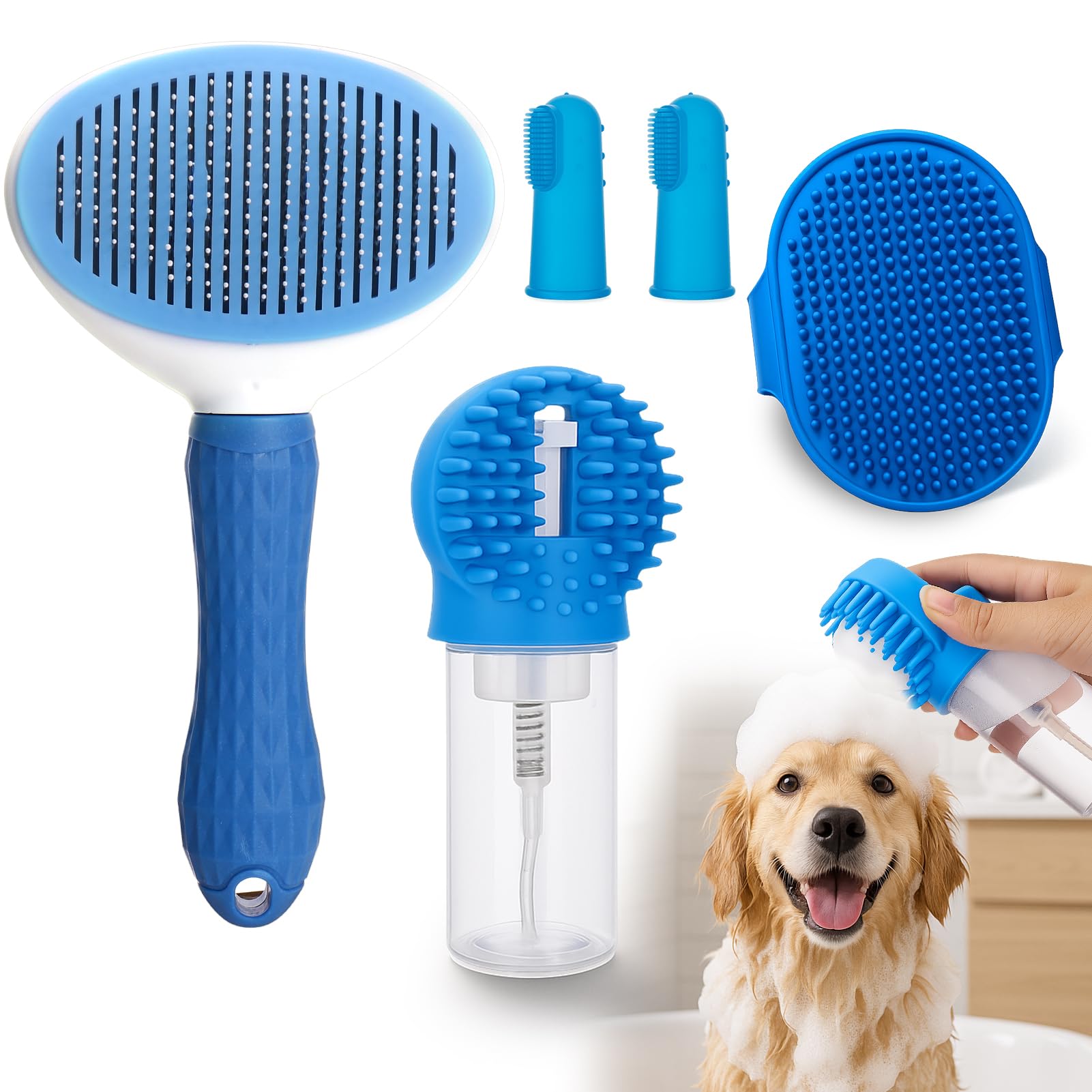 XANGNIER Dog Bath Brush Scrubber Kit,Pet Shower Washing Brush Bathing Supplies Set-With Shampoo and Soap Dispenser,Finger Toothbrush,Silicone Grooming Scrub Tool for Cat Dog Puppy Long Short Hair