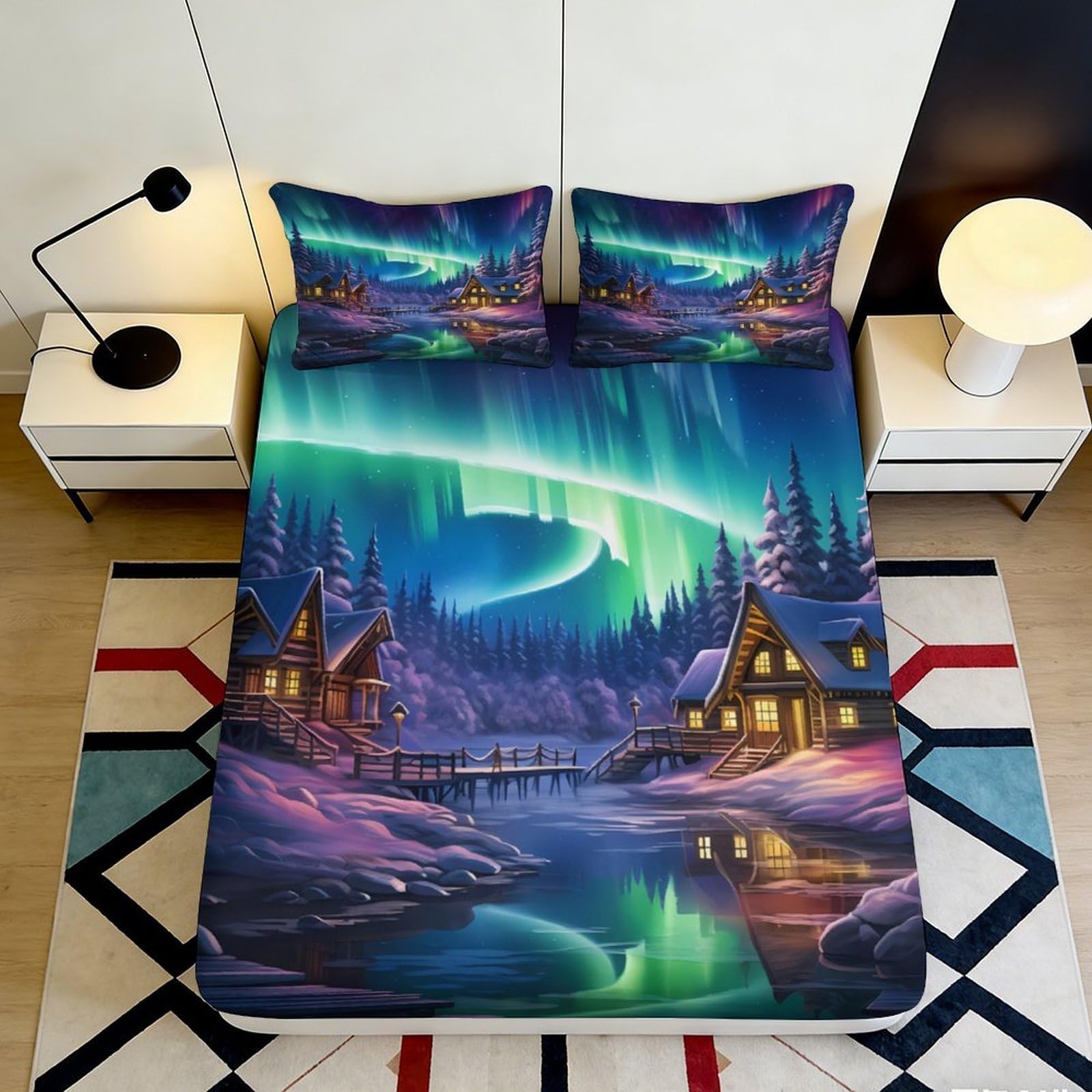 3D Printed Northern Lights Fitted Sheet Microfiber Soft Breathable Aurora Borealis Mattress Cover for Bedroom Dormitory Guest Room Mattress Protection Decor 90x200x25cm