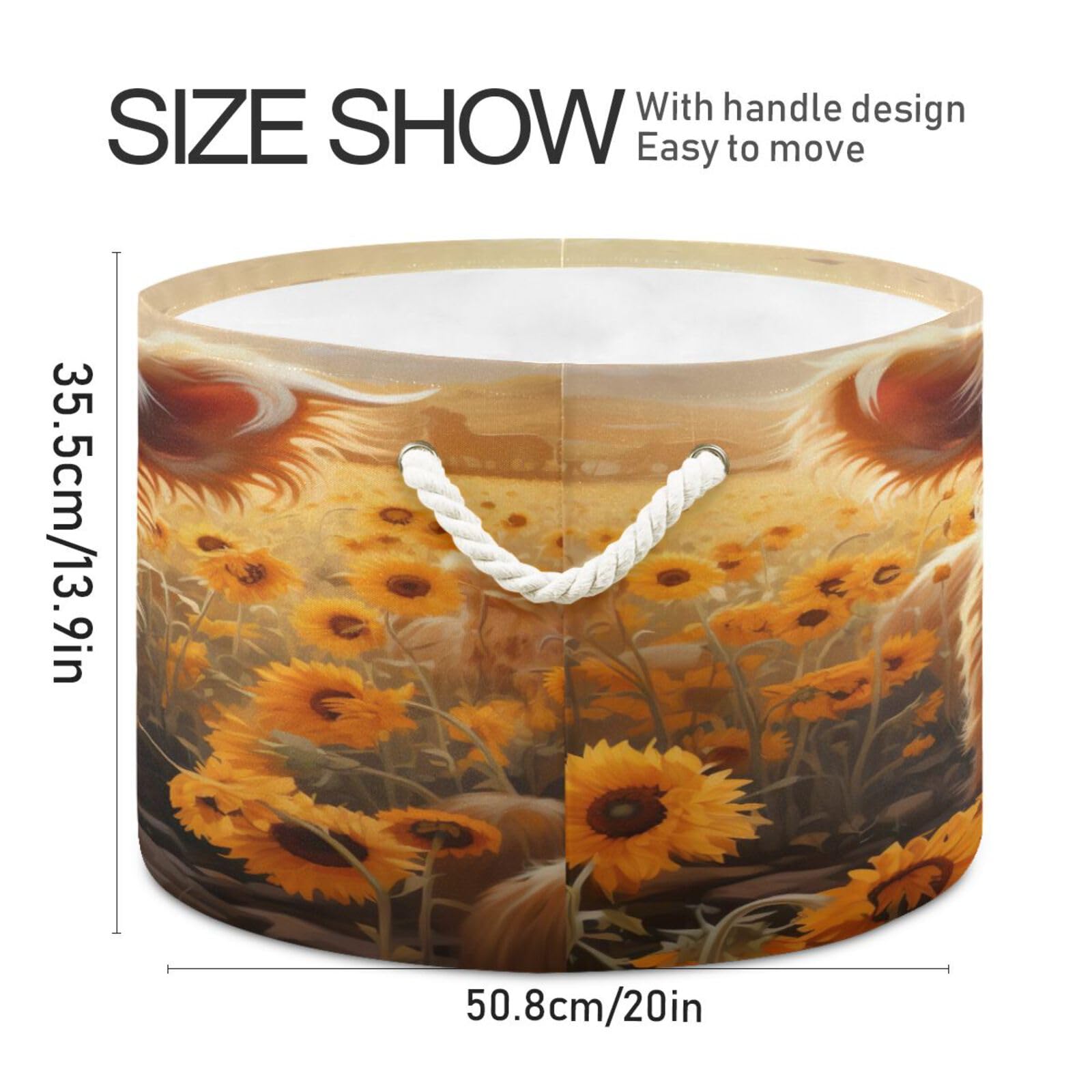 Round Cute Brown Highland Cow Yak Sunflower Storage Basket Large Organizer Bin Laundry Hamper Toy Storage Basket with Handle for Nursery Clothes Toys 202b4846
