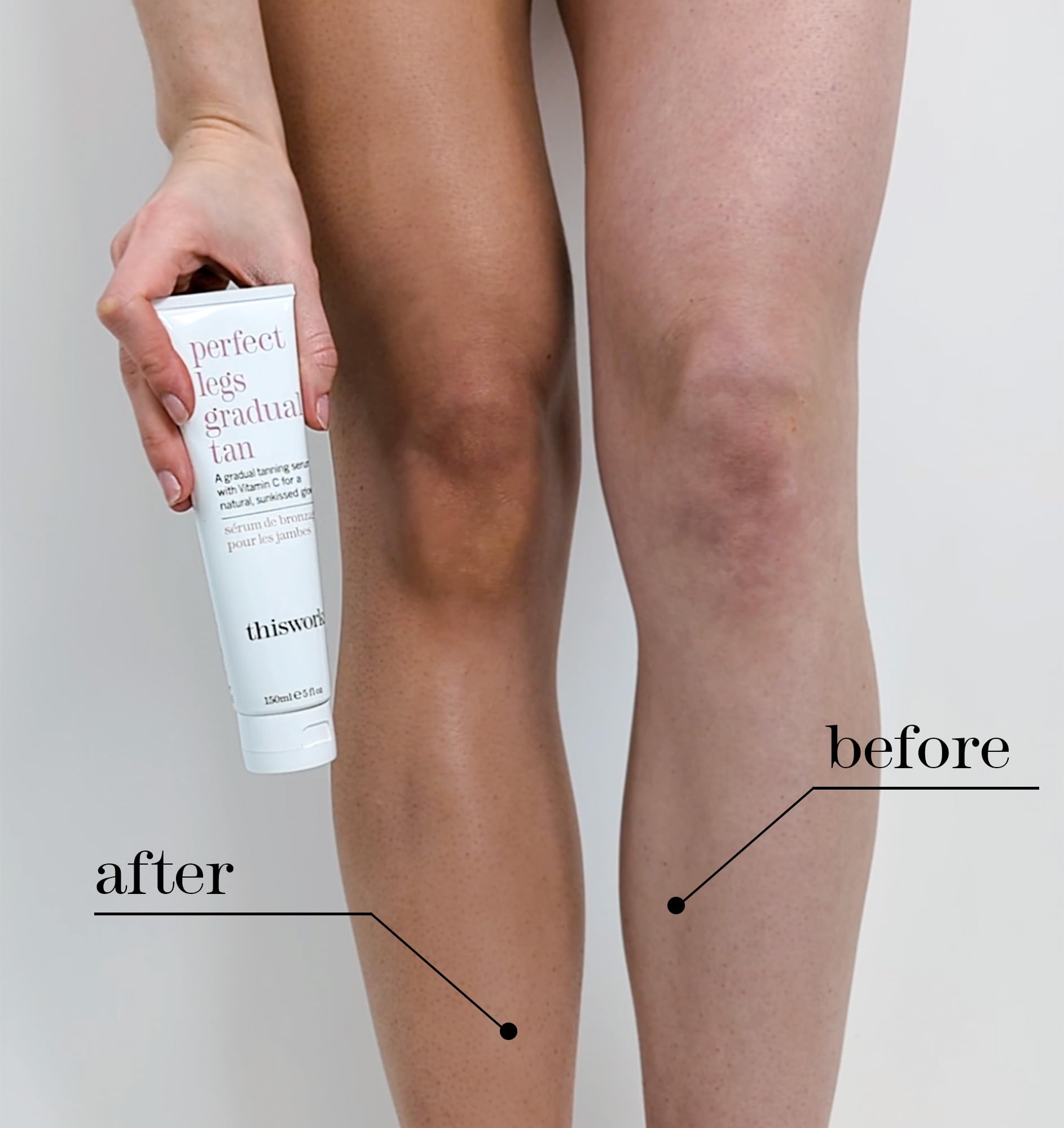 This Works Perfect Legs Gradual Tan, 150 ml – serum samoopalające bez smug z witaminą E, masłem shea i olejkami eterycznymi – nawilżający stopniowy balsam do opalania dla naturalnego letniego blasku