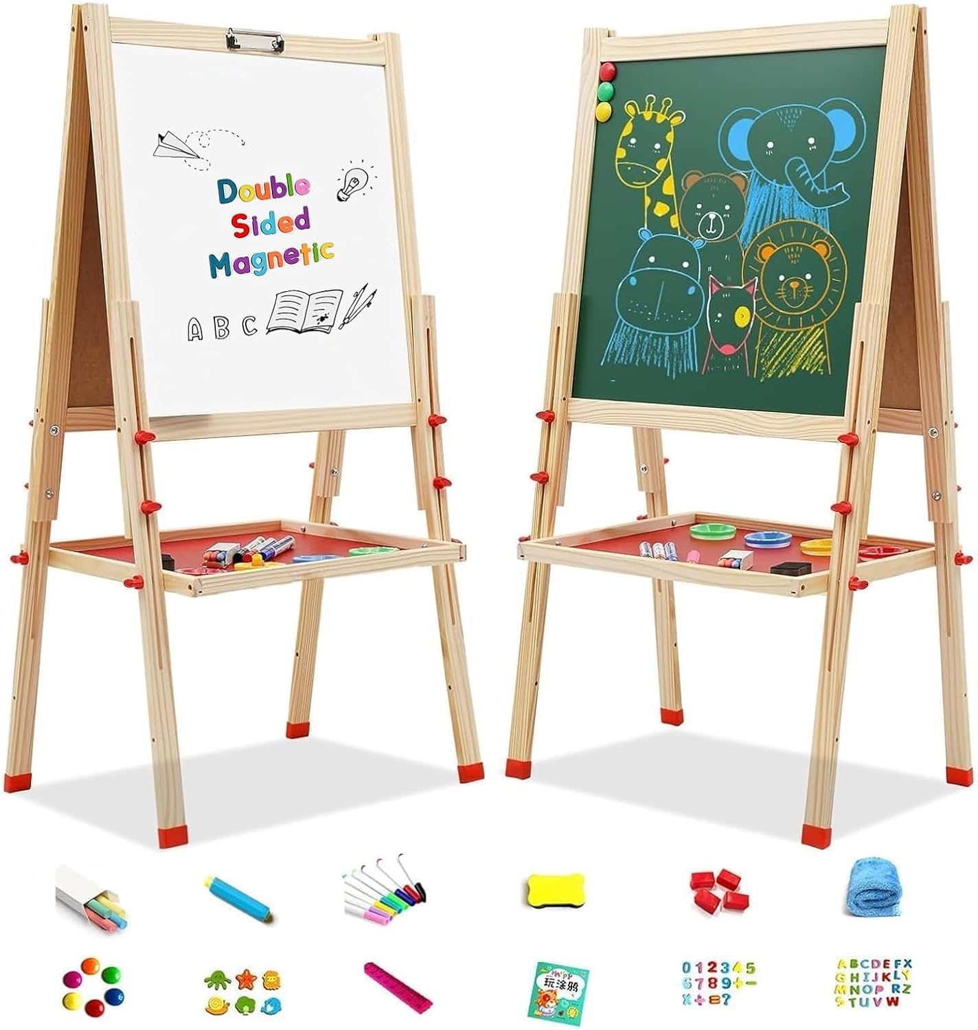 MostNow Wooden Art Easel for Kids, Double Sided Kids Easel with Whiteboard & Chalkboard, Height Adjustable Standing Toddler Easel with Painting Accessories,Gift for Boys and Girl Toddler
