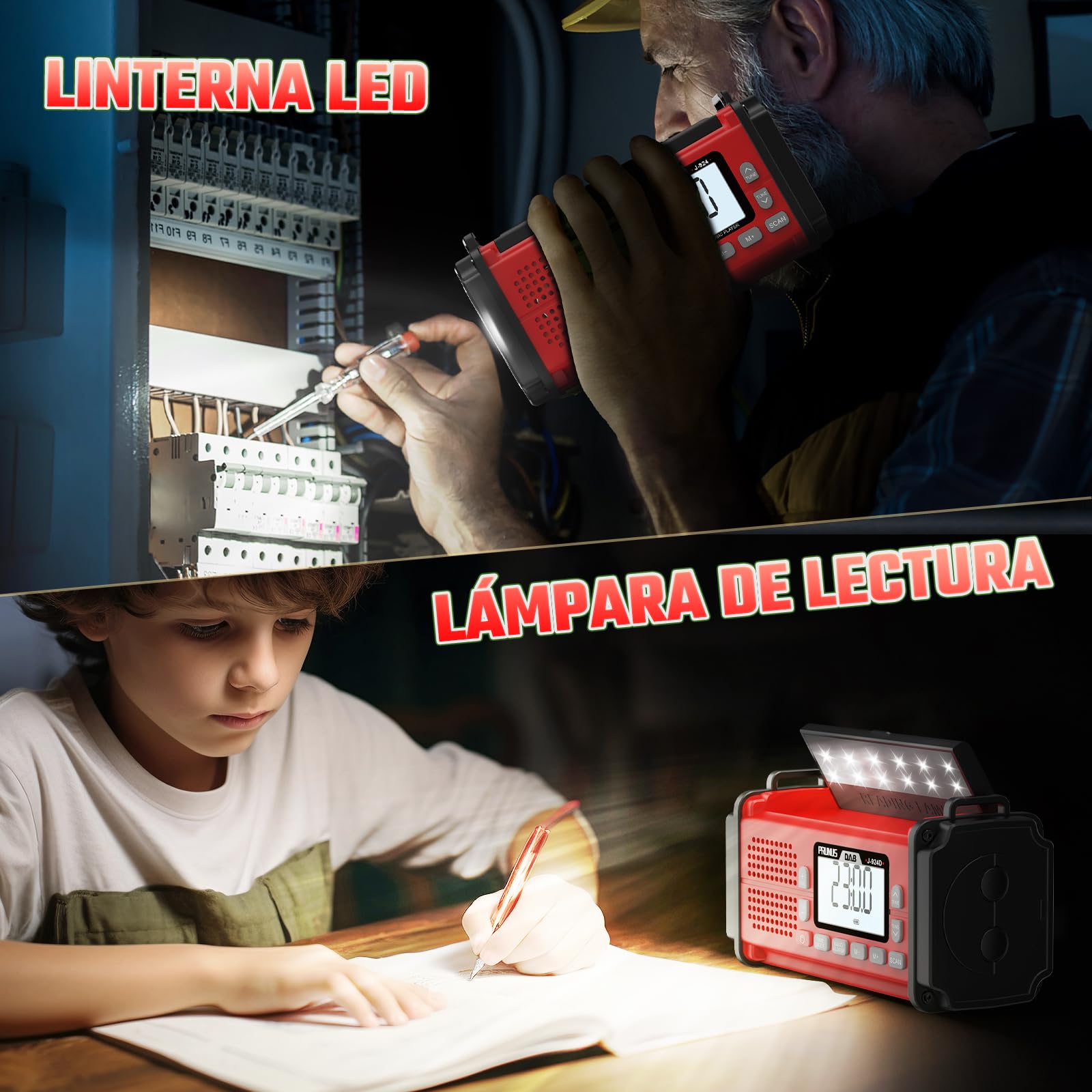 PRUNUS J-924 FM Dab Radio Digital con Función de Preselección, Radio Portatil Pequeña Recargable con Banco de Energía de 10000 mAh, Radios Solar y a Pilas, con Manivela,Linterna,SOS.