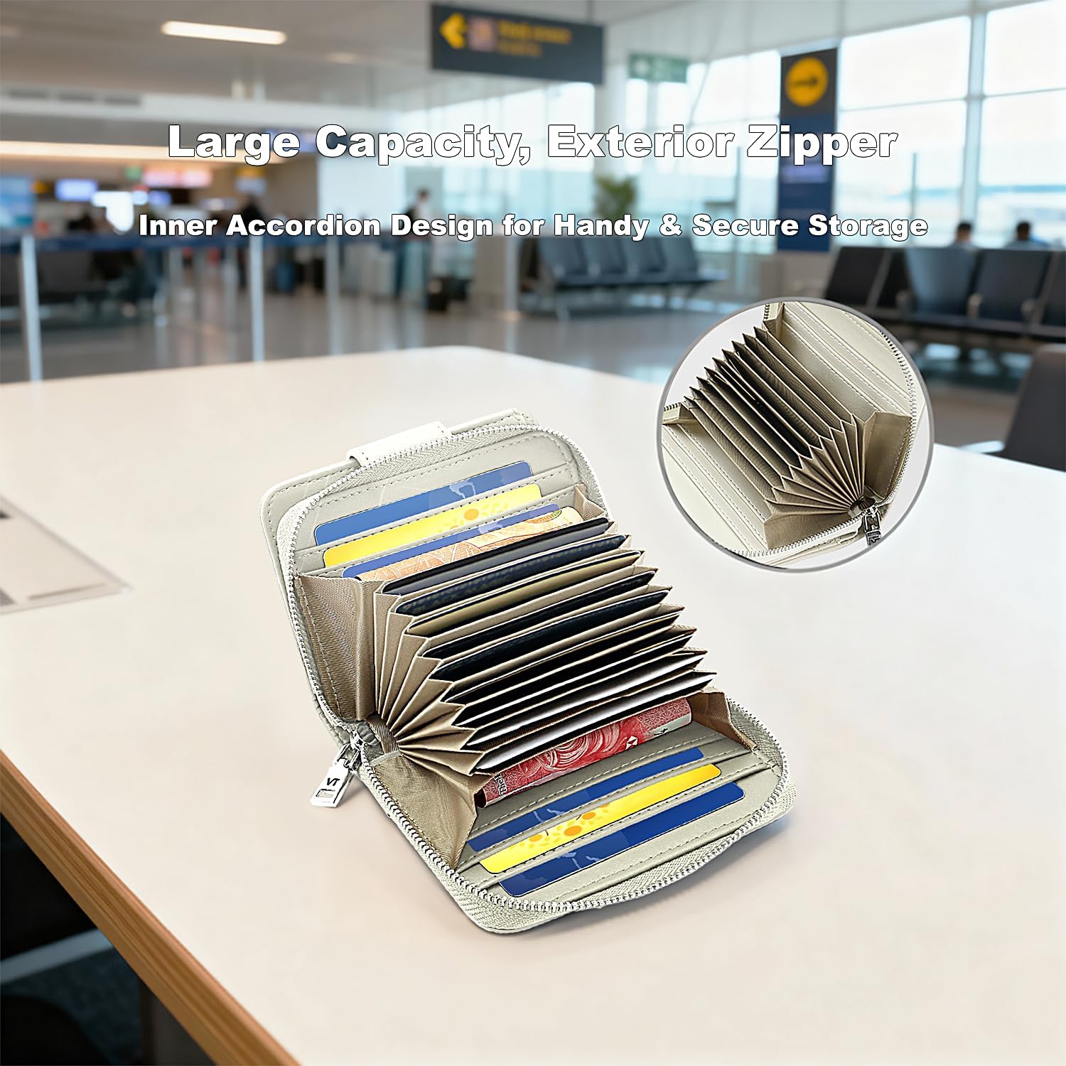 VEWWA Credit Card Wallets for Women, Leather Cardholder with Zipper Around, Small Rfid Ladies Wallet, Accordion Compact Bifold Purse for Travel, 19 Card Slots, ID Window, Cash Organizer - White - Image 8