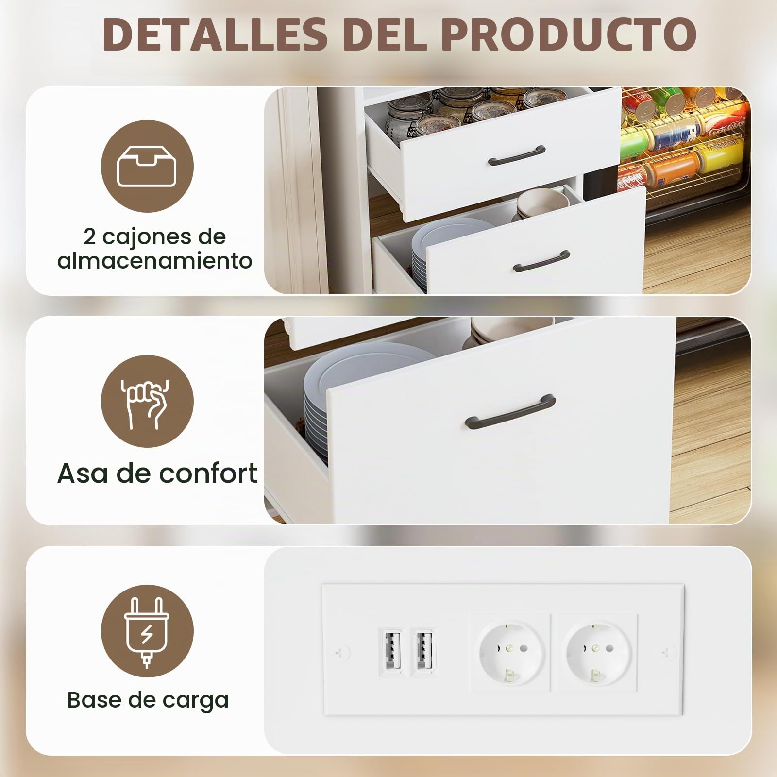 MSFE 2en1 Aparador para Salón/Armario para Mini Nevera, Soporte para Microondas con Tomas, Mueble Auxiliar Salón, Aparador Cocina para Comedor, Entrada, Dormitorio, Crema,100 * 53 * 108.5cm