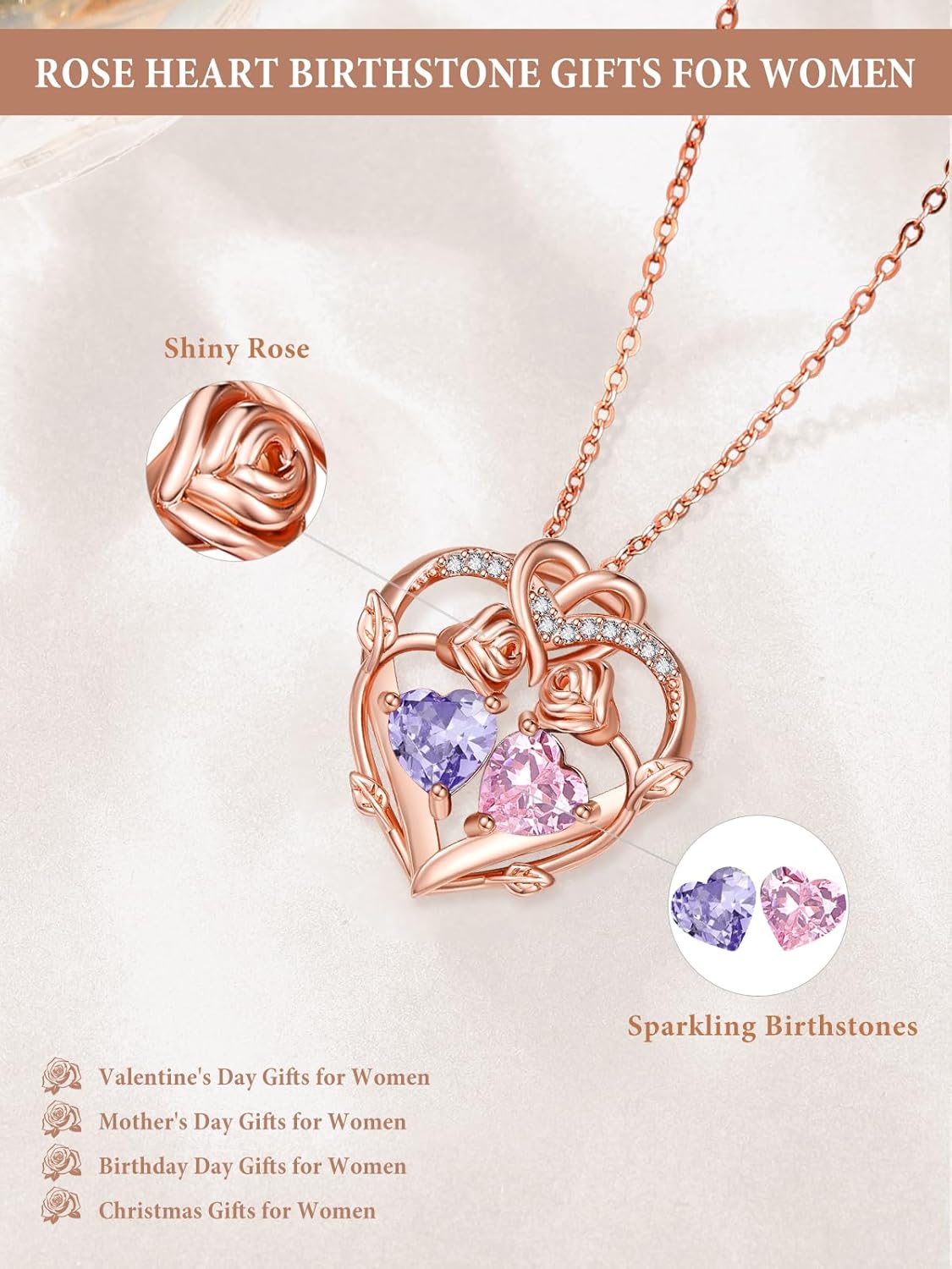 Rose Gold Necklaces for Women Double Birthstone Rose Flower Heart Pendant Necklace Jewelry Anniversary Christmas Valentine's Mother's Day Birthday Gift for Wife Mom Her Girlfriend Sister - Image 2