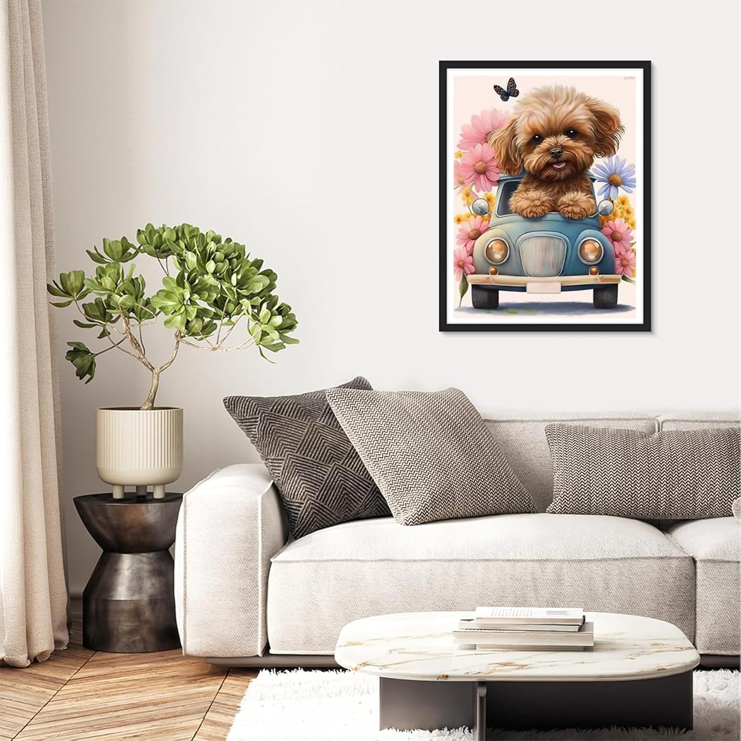 QAZWSX Lovely Poodle Dog Truck Diamond Art Painting Kits for Adult, Animal 5D Diamond Art for Adults, Round Drill Painting by Diamonds Art and Crafts for Home Wall Decor Gift 12x16 Inch