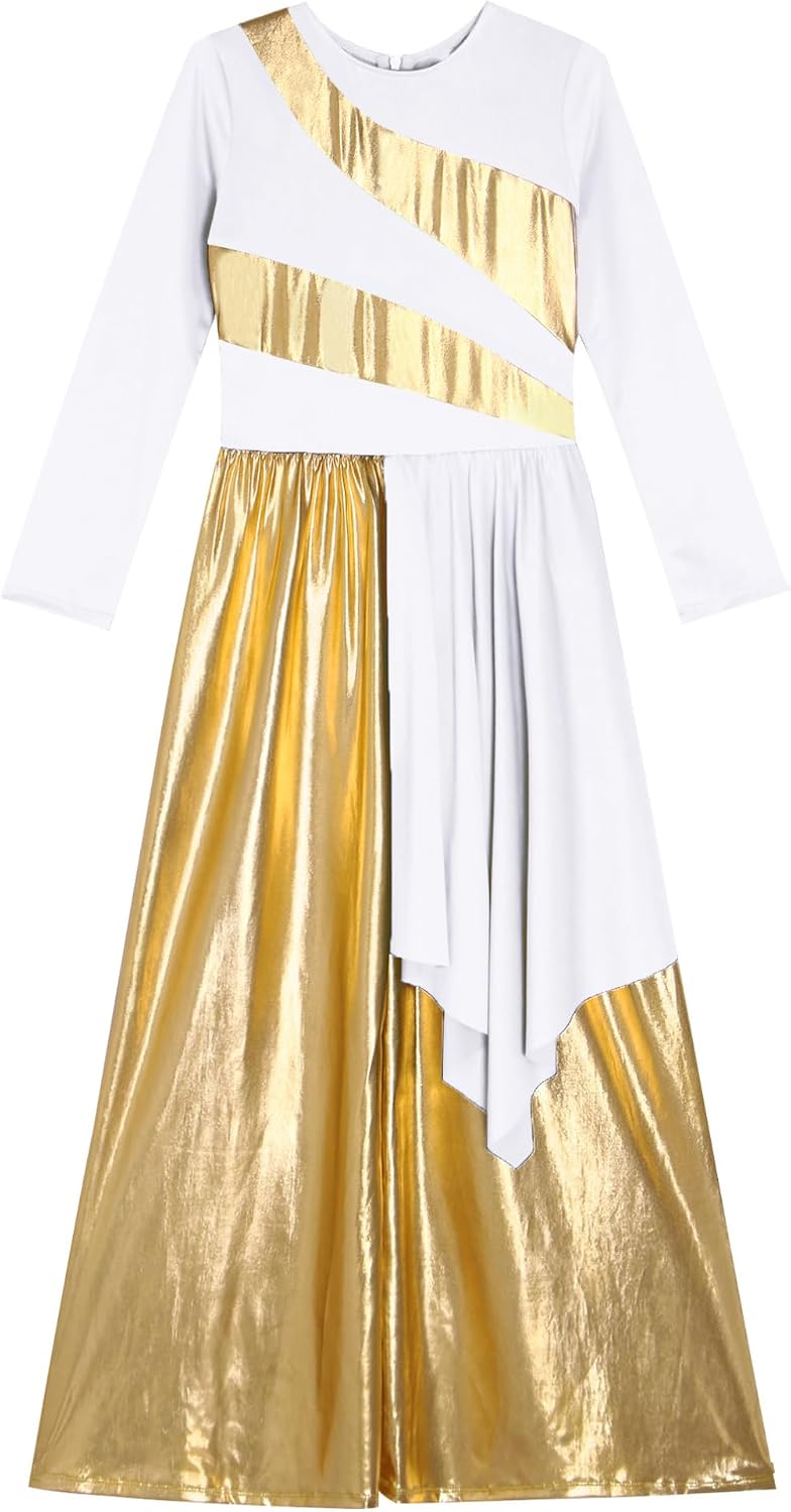 Agoky Kids Girls Metallic Praise Dance Outfit with Wide Leg Pants Lyrical Dance Dress Church Robe Worship Dancewear