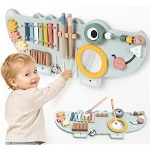 Lewo Crocodile Wall Busy Board for Toddlers Kids, Mucic Montessori Wall Activity Board, Wooden Sensory Wall Toys Panel with Instruments, Learning Activity Center for Playroom, Daycare & Classroom