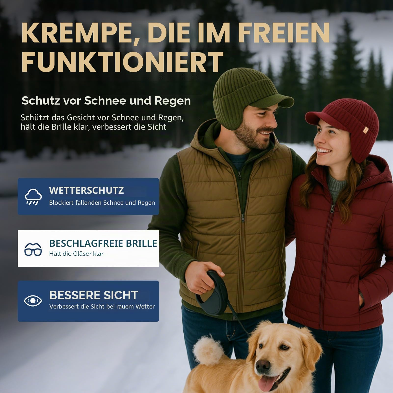 TOP-EX DryKnit Wasserdichte 80% Merinowolle, Schirmmütze für Herren, mit Ohrenklappen & Fleece gefüttert, Winter-Thermo-Golfvisier, Beanie-Mütze für kaltes Wetter, M-XXL