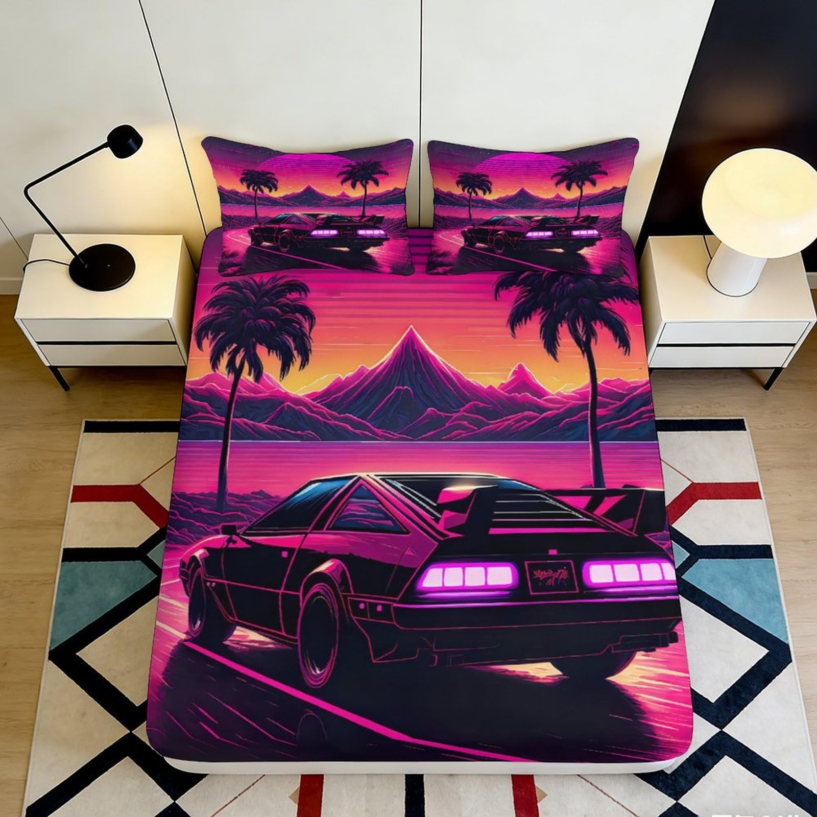 3D Printed Retro Sunset Car Fitted Sheet Microfiber Anti-Slip Palm Landscape Bed Cover for Bedroom Dorm Mattress Decor 90x200x25cm