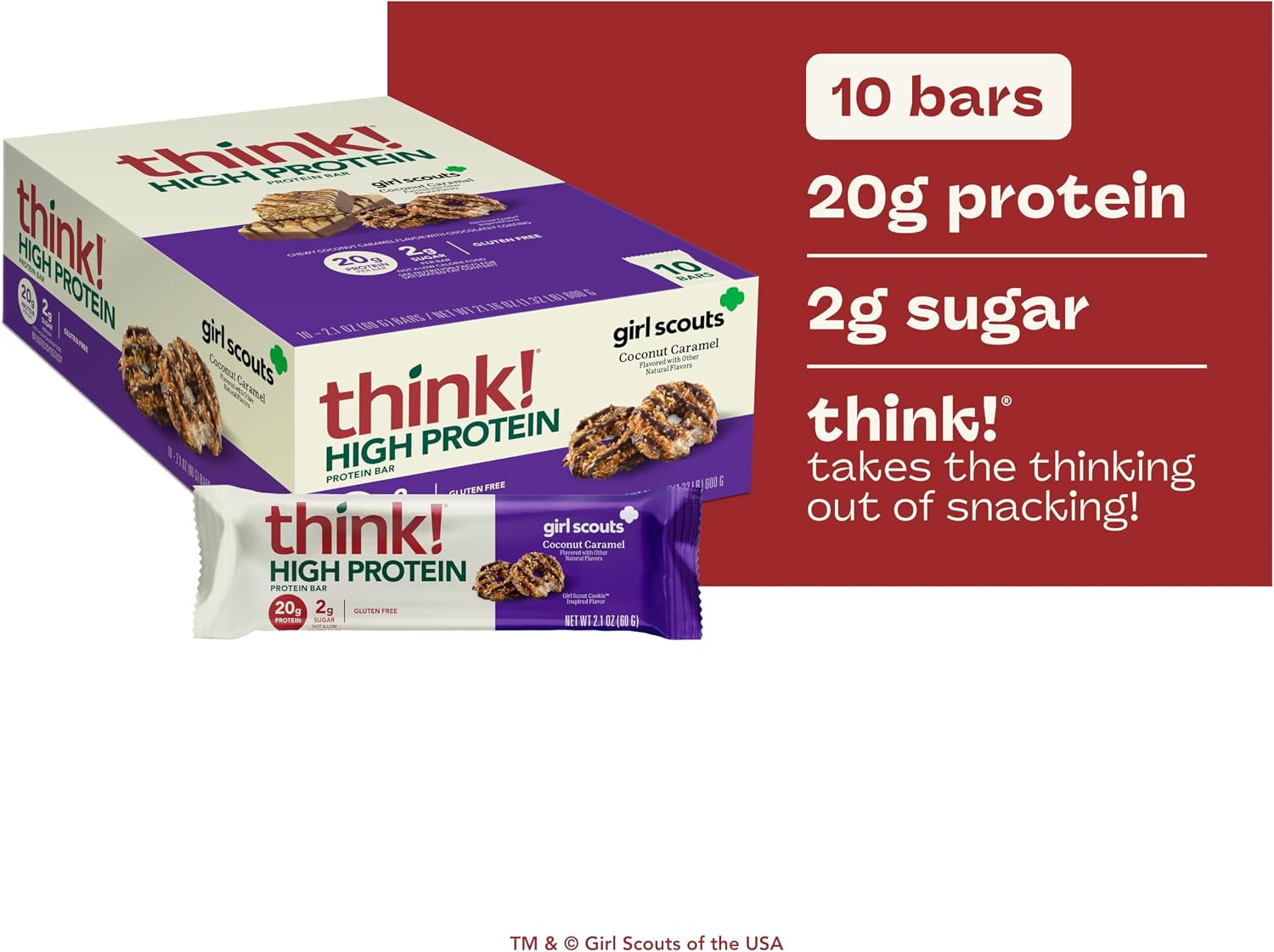 think! Protein Bars, High Protein Snacks, Gluten Free, 20 grams of Whey Protein, Coconut Caramel (10 Count)