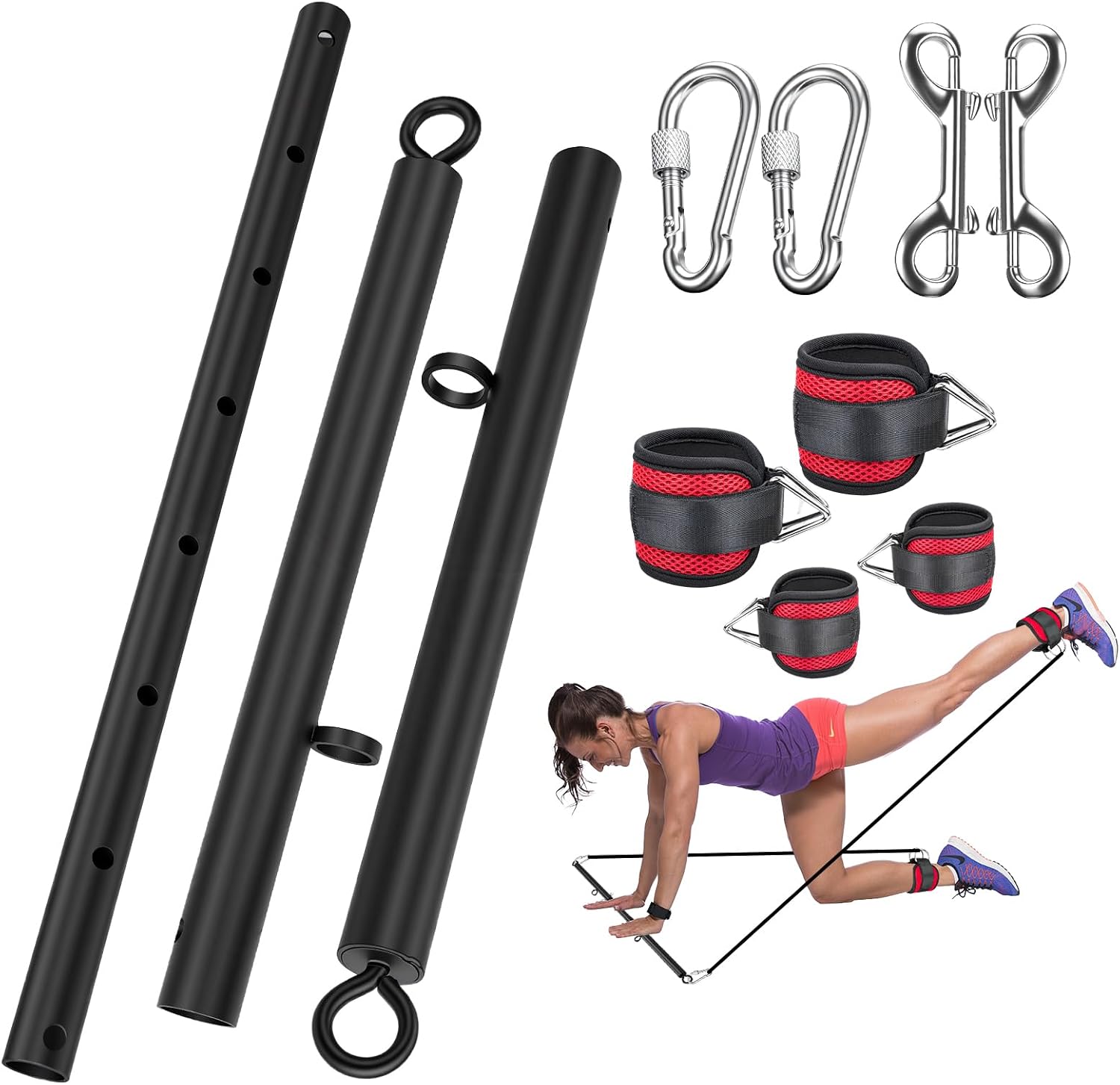 Expandable Pilates Spreader Bar Kit, Heavy Duty Stainless Steel Adjustable Training Set for Home Gym.