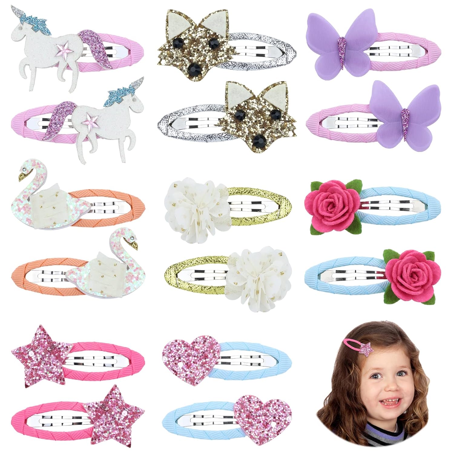 inSowni 16pcs Glitter Snap Hair Clips Barrettes Unicorn Butterfly Flower for Baby Girl Toddlers Kids (16PCS S2)