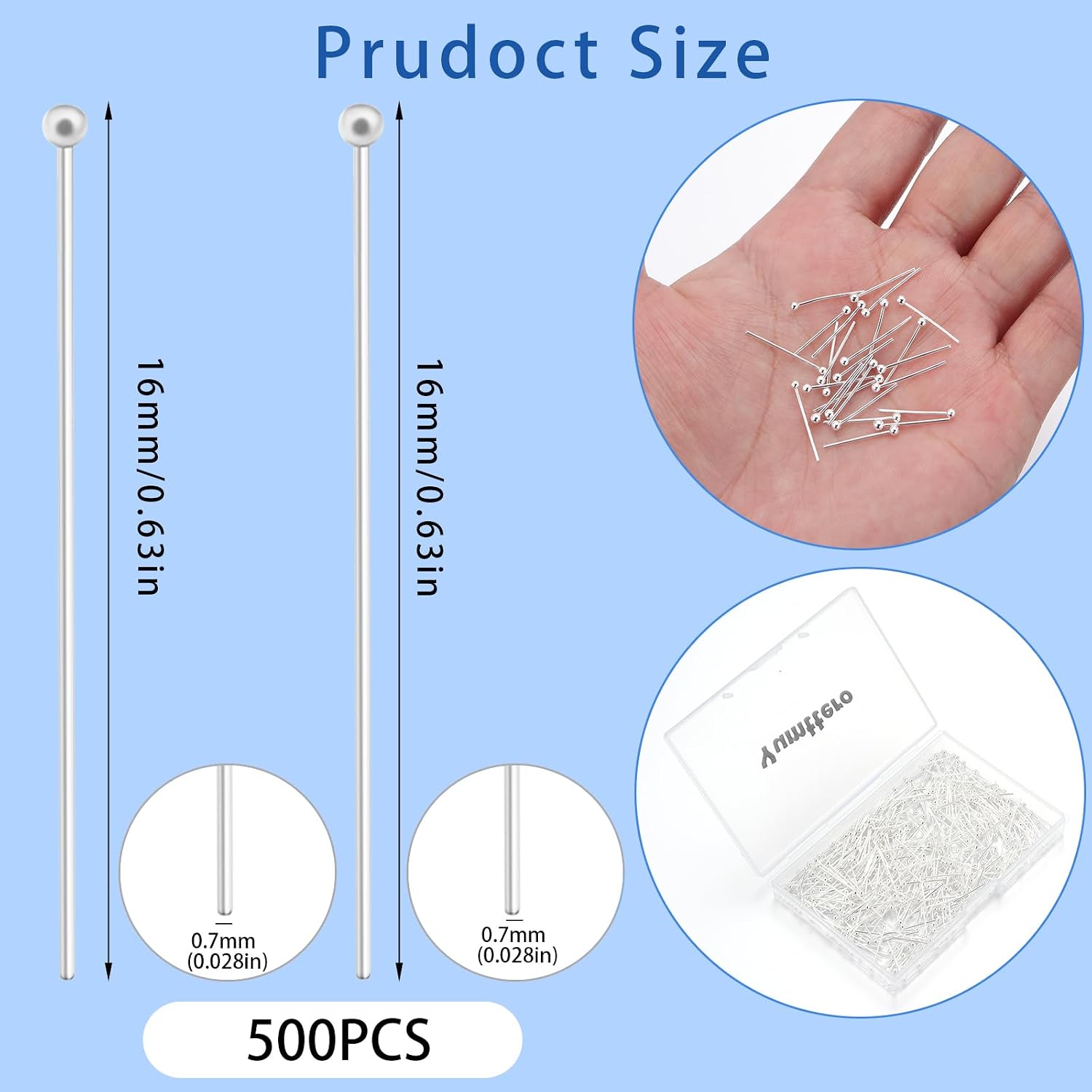 500 PCS 16mm/0.63 Inch Straight Ball Pins for DIY Craft Earring Bracelet Necklace Pendant Jewelry Making (Ball Pin,Sliver Color)