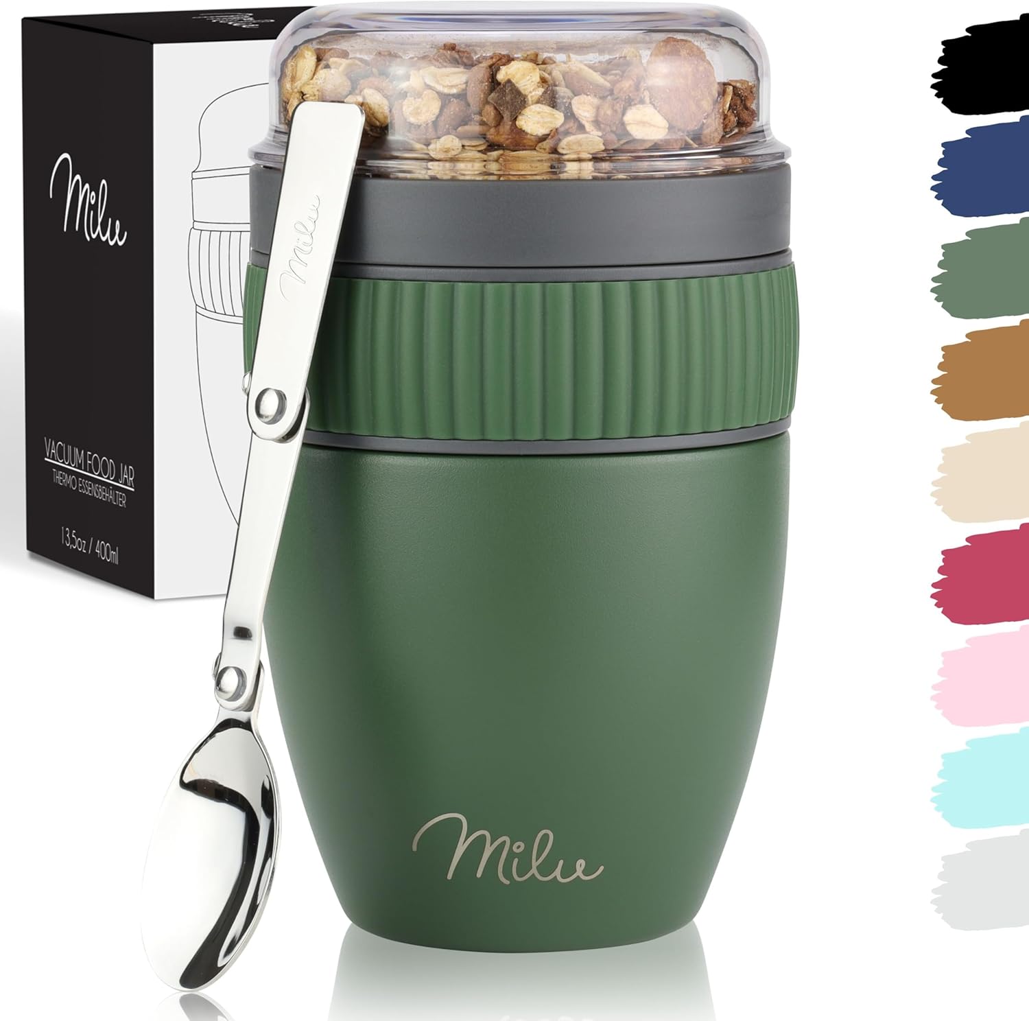 Milu Cereal Cup to Go, 400 ml, MüsliMax, Insulated Stainless Steel Yoghurt Cup for Cereal, Leak-proof Cup with Spoon for Yoghurt/Porridge (Olive Green)