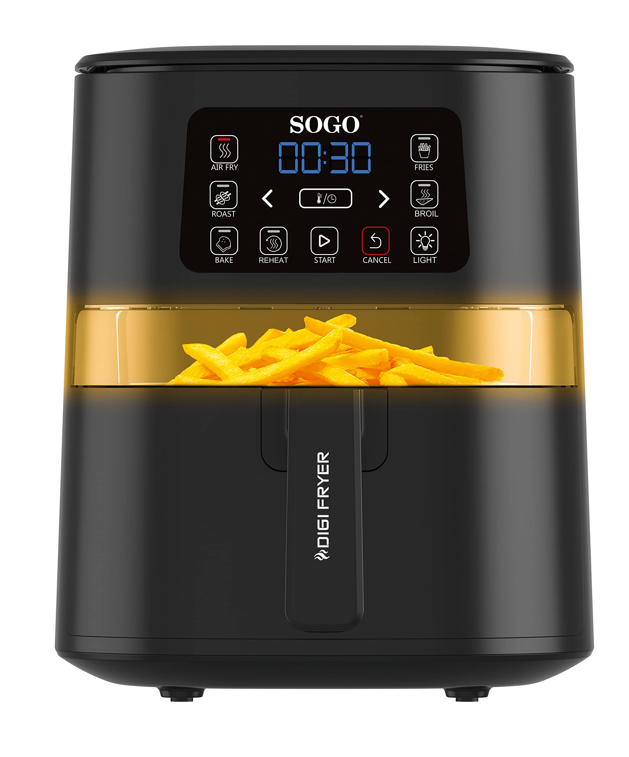 SOGO 10820 Freidora sin Aceite 4 L con visor de interior, 6 programas, recetario, 100-200°C, pantalla LED táctil, temporizador, 1600 W Air Fryer, negro, sin PFOA ni BPA (8425490137630)