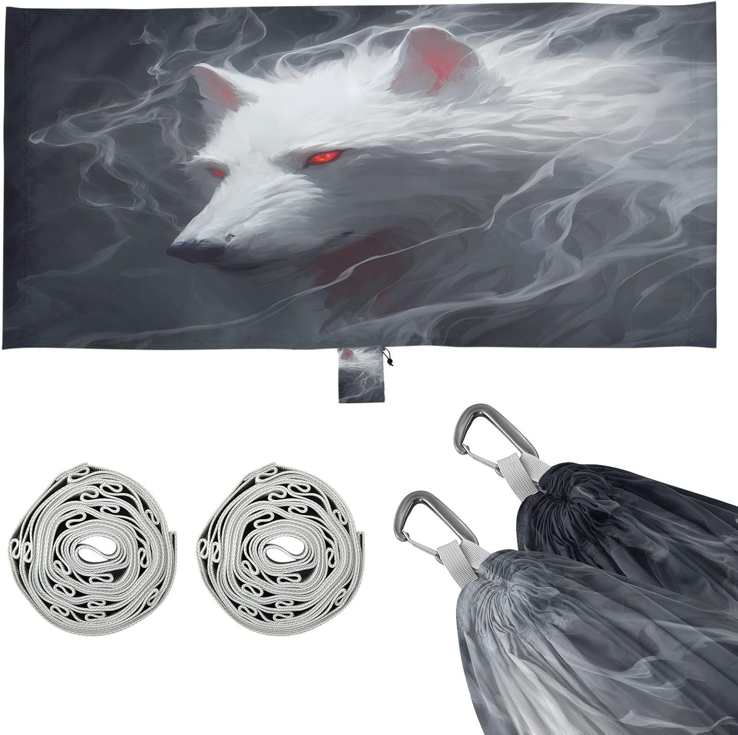 ALAZA White Angry Wolf Camping Hammocks Single or 2 Person 500 lbs Portable Parachute Travel Hammock w/Tree Straps for Hiking Backpacking Indoor Outdoor