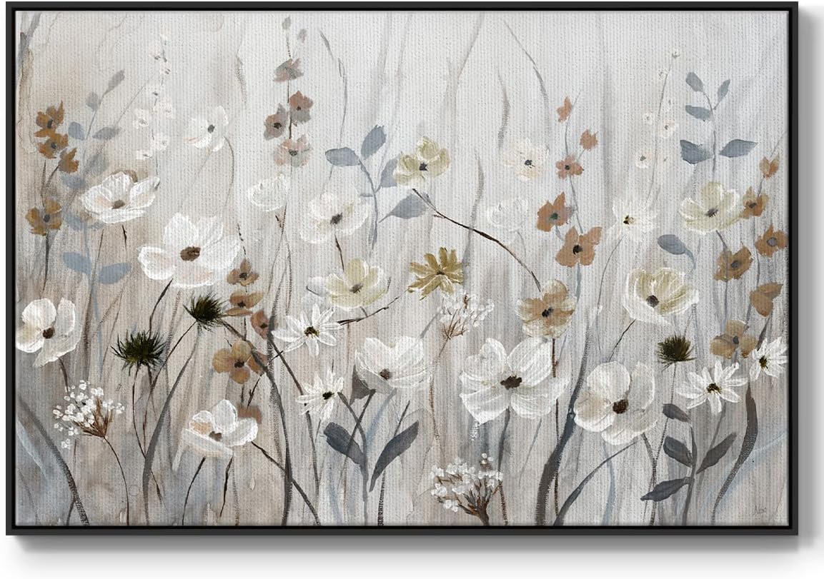 Renditions Gallery Floral Wall Art Paintings & Prints Misty Meadow Field Watercolor Floater Framed Artwork for Home Kitchen Bedroom - 27"X41" Black Frame GAL007