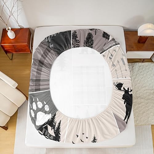 Miniatura 291 de Sábana bajera ajustable de oso de caza, juego de ropa de cama a cuadros de búfalo, sábanas de retazos de cabaña rústica para niños, niños, Multi