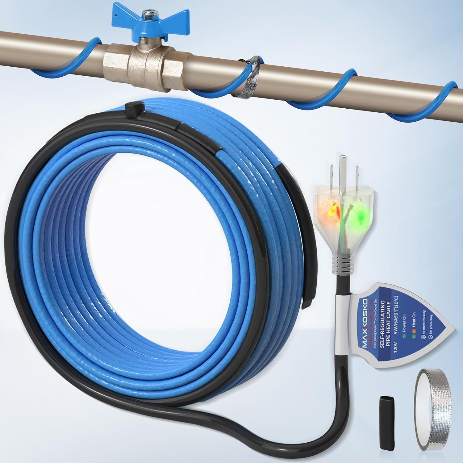 MAXKOSKO 6Ft. 120V Dual Lights Pipe Heating Tape, Self-Regulating Heat Trace for Metal & Plastic Water Pipes, Frost Protection for RV, Drain, Sewer (-40°F/-40°C)