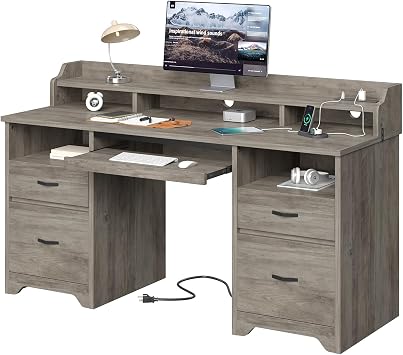 Bestier Farmhouse 59" Executive Desk with Drawers, Wood Computer Desk with Charging Station, Home Office Desk with Keyboard Tray & Monitor Stand, Sturdy Pedestal Desk for Work Study, Grey