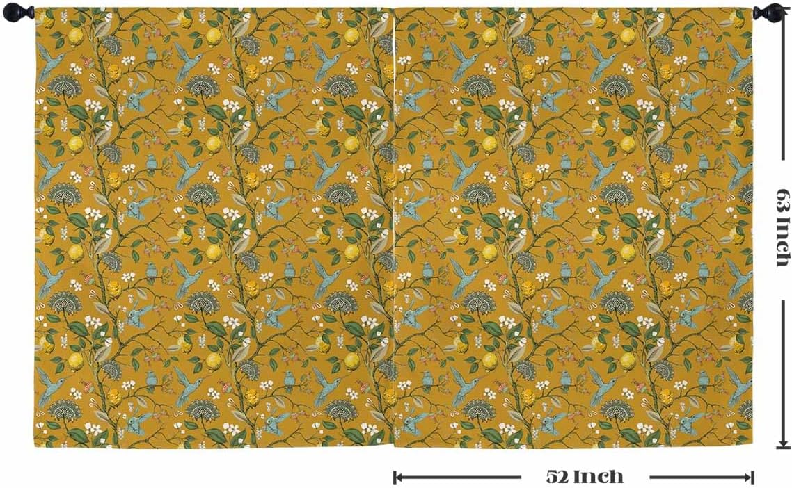 Yellow Light-Filtering Curtains 63 Inch Length,Retro Botanical Floral Hummingbird Living Room Bedroom Curtains,Thermal Insulated Drapes for Room Darkening,Window Treatments Rod Pocket Drapes