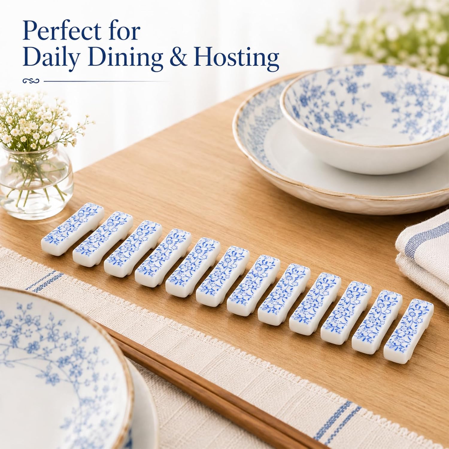 12 Pcs Chopstick Holder, Blue Sunflower White Ceramic Chopstick Rest, Porcelain Chinese Porcelain Holder for Chinese Food, Home, Hotel, Resta Countertop Ornaments