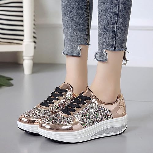 oiangi Sequined Sneakers for Women Fashion Casual Running Walking Gym Sport Shoes Comfortable Lace-up Platform Tennis Shoes(Gold,6.5)