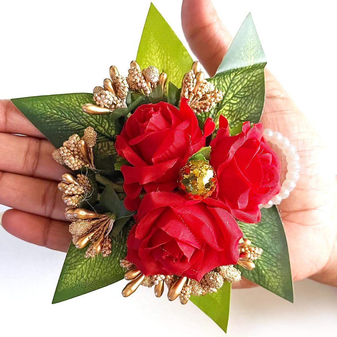 CRAFT SHOP INDIA 3 Rose Flower Brooch Hamper, for Decoration, Gifting, Trousseau Packing | Fake Rose Flower Bunch Hamper (6, Red)