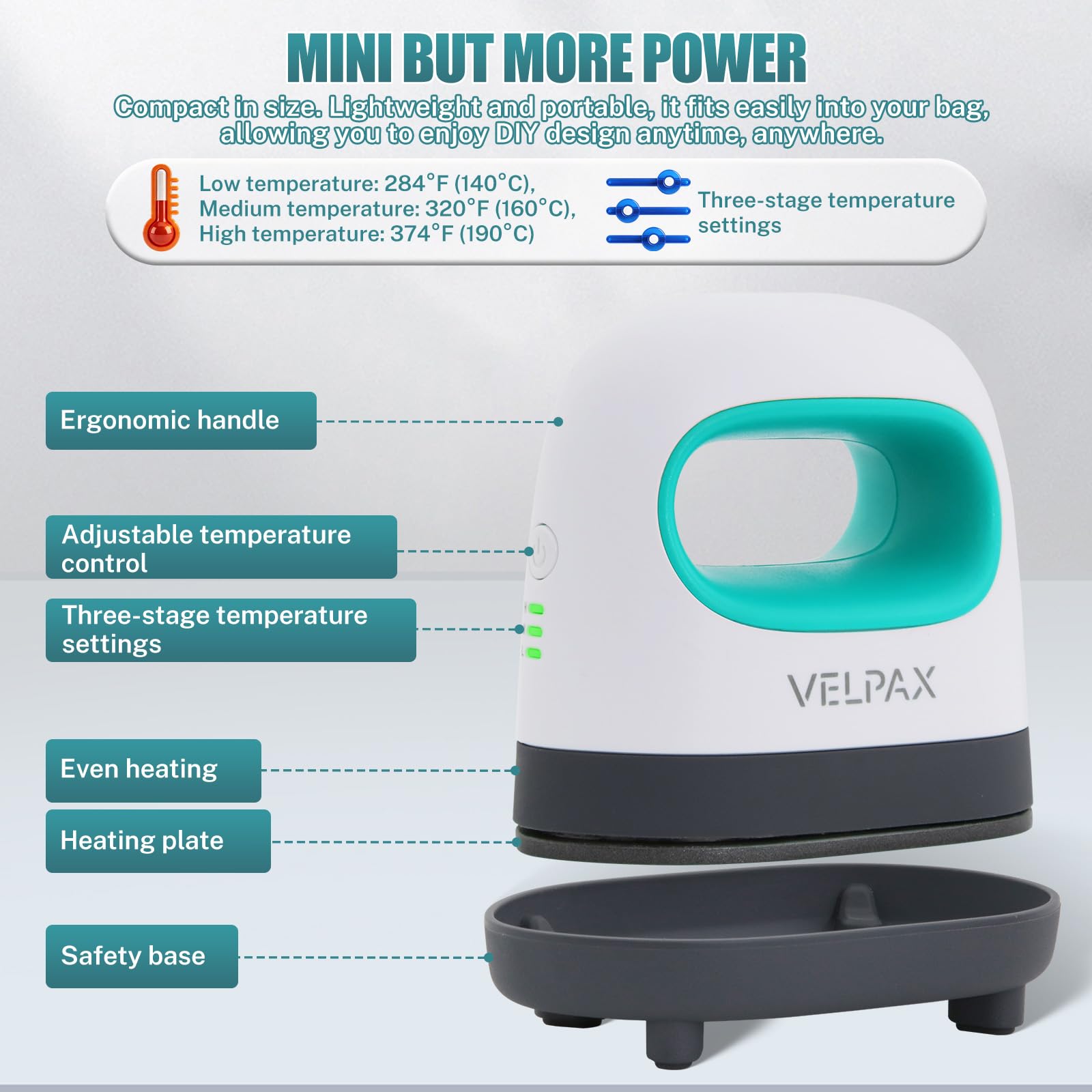VELPAX Mini Pressa a Caldo, Termopressa Portatile 3 Livelli Temperatura, Stampante per Tessuti T-Shirt Cappelli Scarpe, Bianco Verde