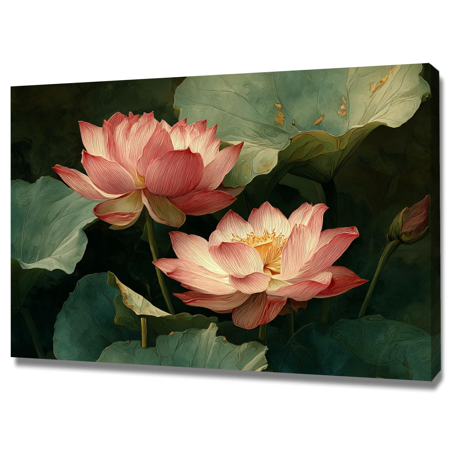 ZAMAEIU Semplice arte botanica Stampe su Canvas Foglie di loto rosa per Camera da Letto Agriturismo Soggiorno Bagno(rosa)-60x90cm Incorniciato