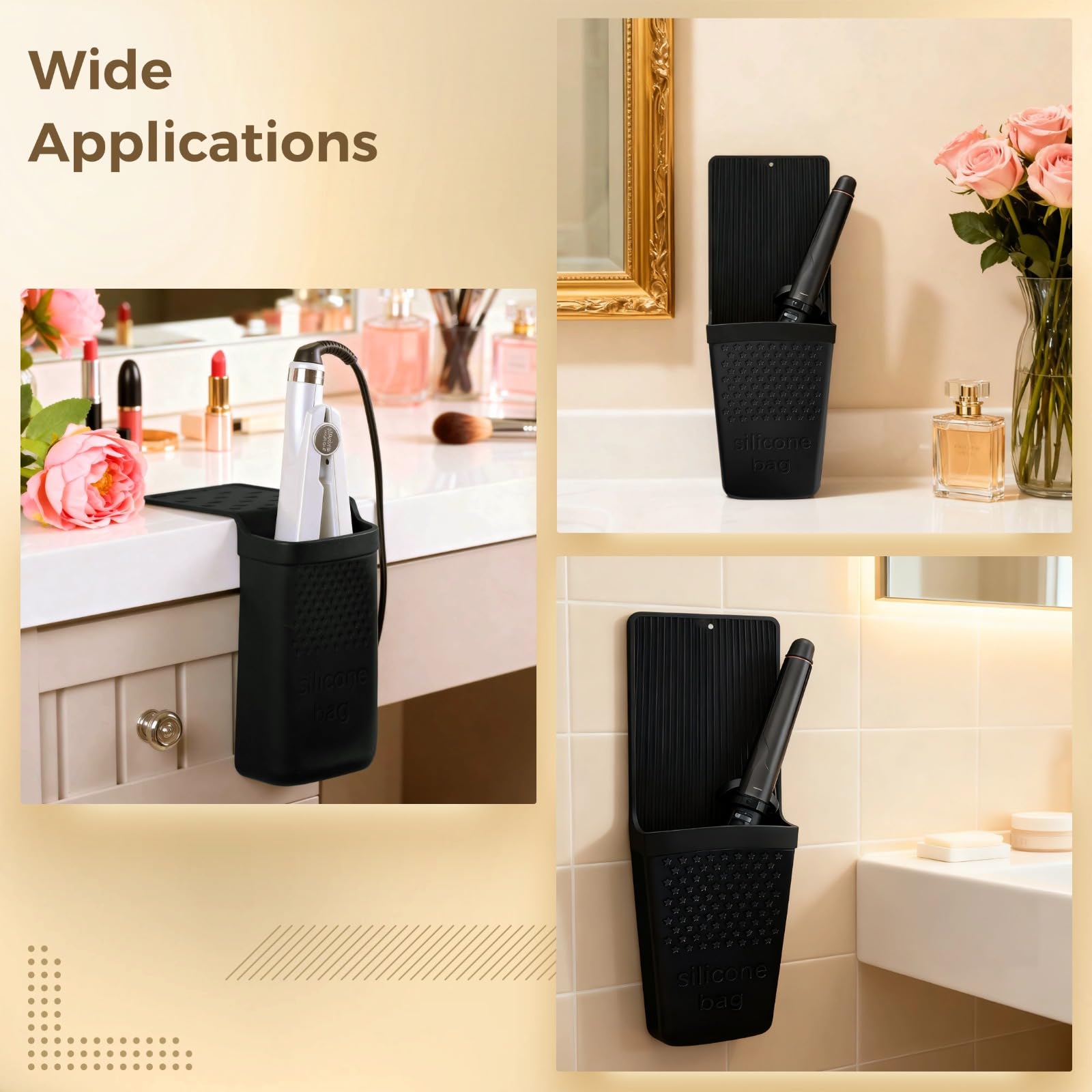 Lockenstabhalter, hitzebeständiger Silikonhalter mit Saugnapf, 14 x 5 x 4 in, für Lockenstab und Styling-Werkzeuge auf der Arbeitsplatte, Reise-Organizer, leicht zu reinigen, Schwarz