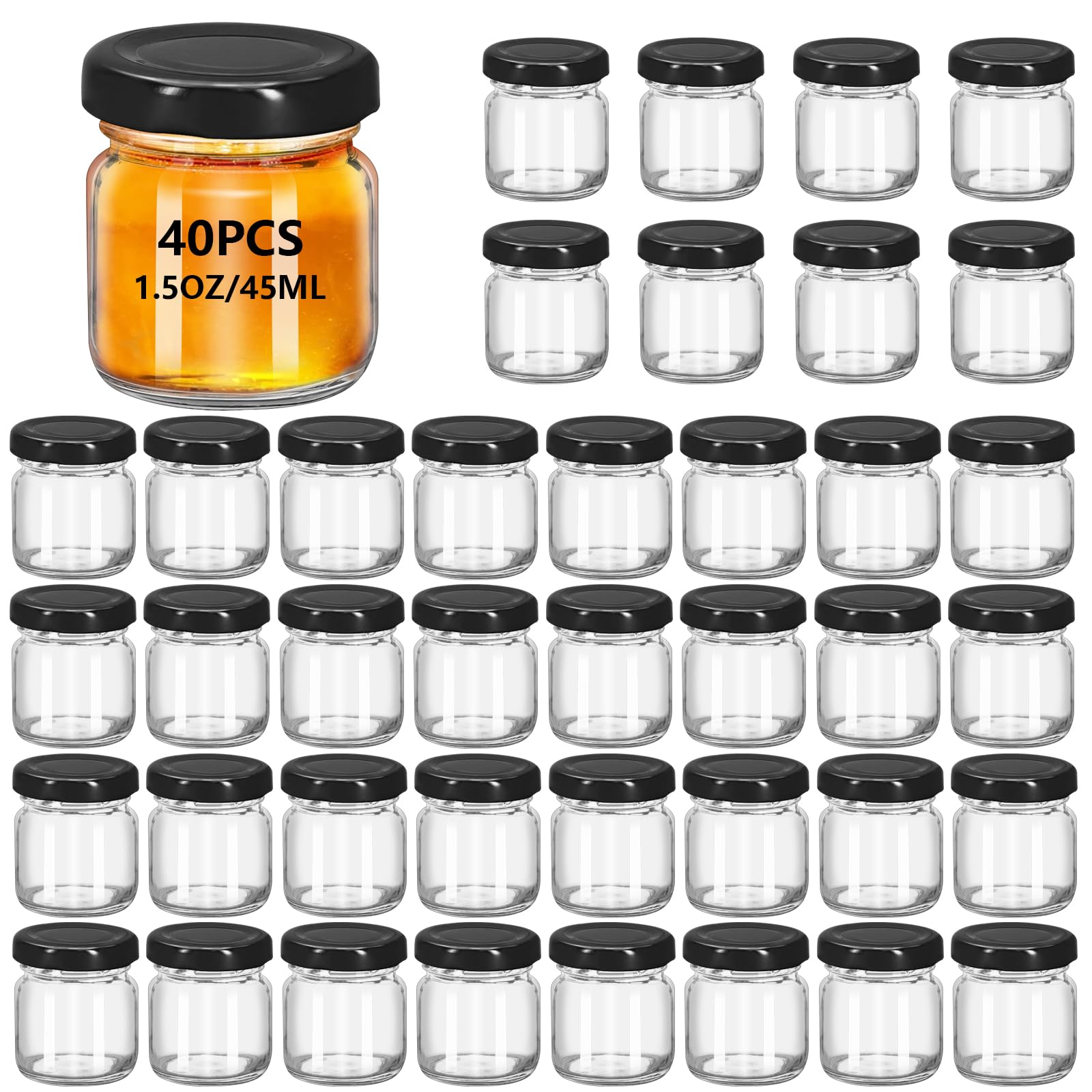 40 Pack 1.5 oz Round Mini Clear Honey Jars for Wedding Favor, Baby Shower,45ml Small Glass Favor with Airtight Lids, Gift Jars, Sample Body Butter, Jam, Spices, Herbs, Candy, Candle (Black cap)