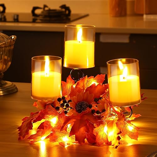 Mifoci Centro de mesa de otoño, portavelas de Acción de Gracias con 3 velas LED y 1 tira de luces, hojas de arce, centro de mesa decorativo de otoño