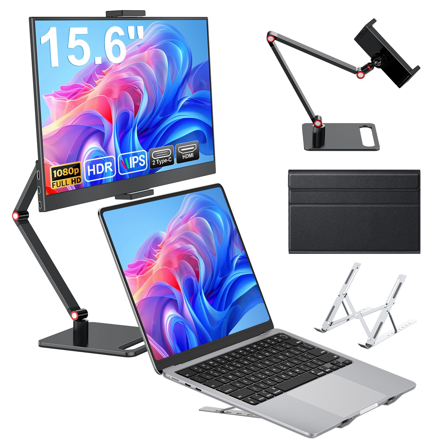HONGO 15,6" Monitor Portatile con 3 Supporto, 1080 FHD Schermo Portatile PC, Secondo Schermo PC Portatile per Laptop/Mac/Telefono/Tablet, Portable Monitor con Supporto/Smart Cover/Supporto per laptop