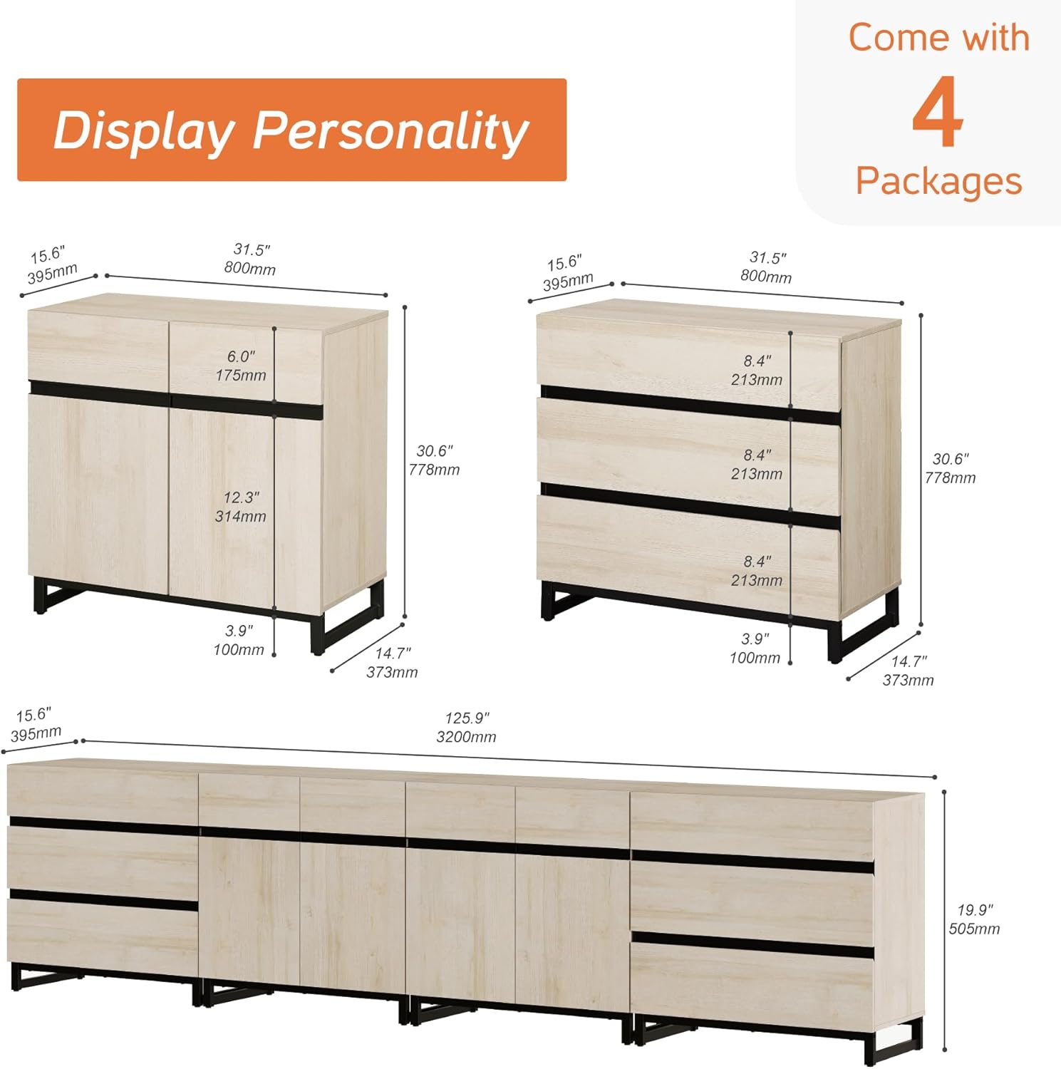 WAMPAT Modern TV Stand for TVs up to 120 Inches, 4-in-1 Media Console with 6 Drawers and Adjustable Shelves, Entertainment Center for Living Room or Bedroom, Light Oak