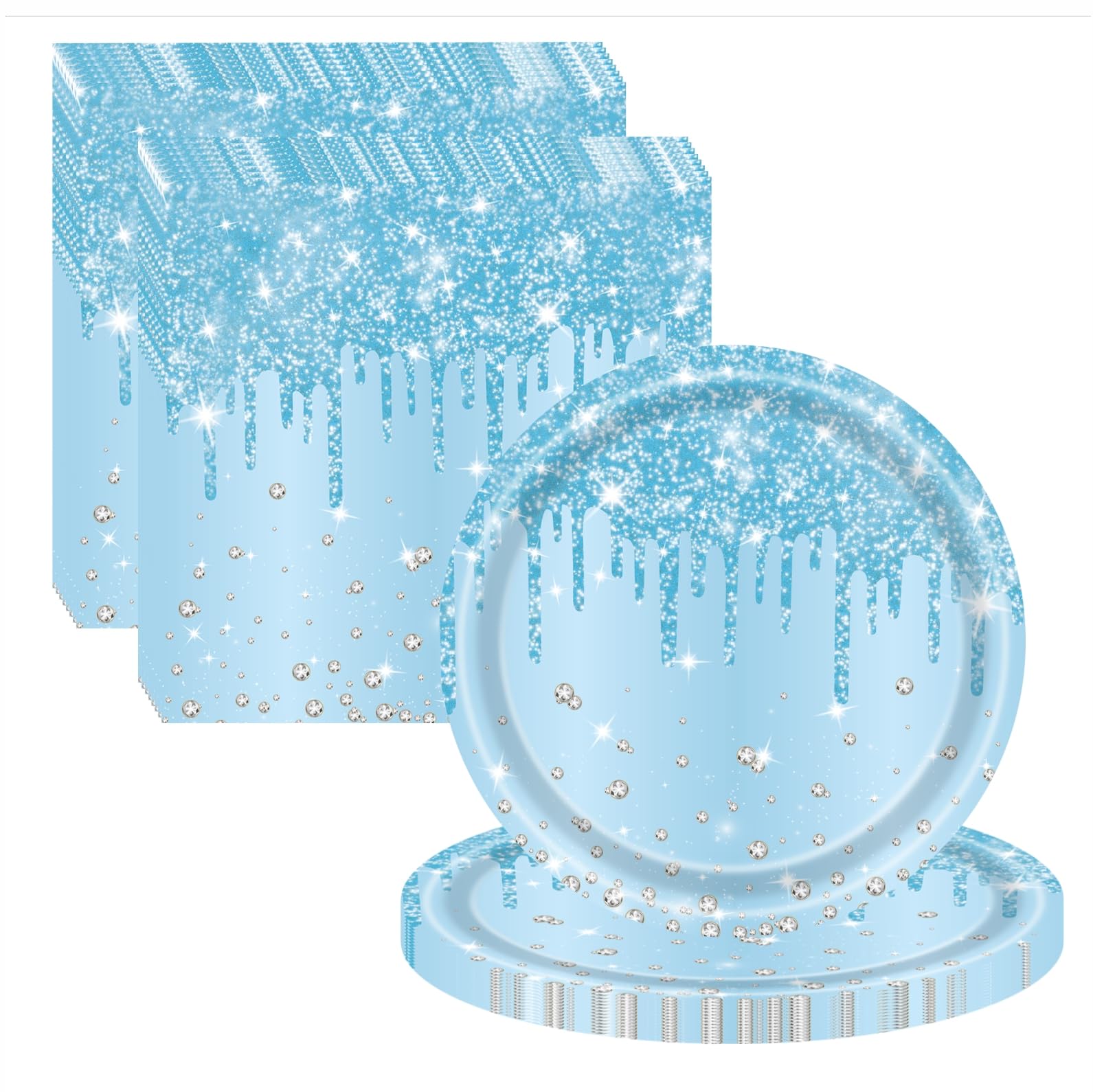 ZSYIULIA Bule Diamond Theme Disposable Tableware Set, 20 Paper Napkins 16 Plates, Disposable Paper Tableware Napkins and Plates Birthday Decorations for Her, Women, Adults Kids Party