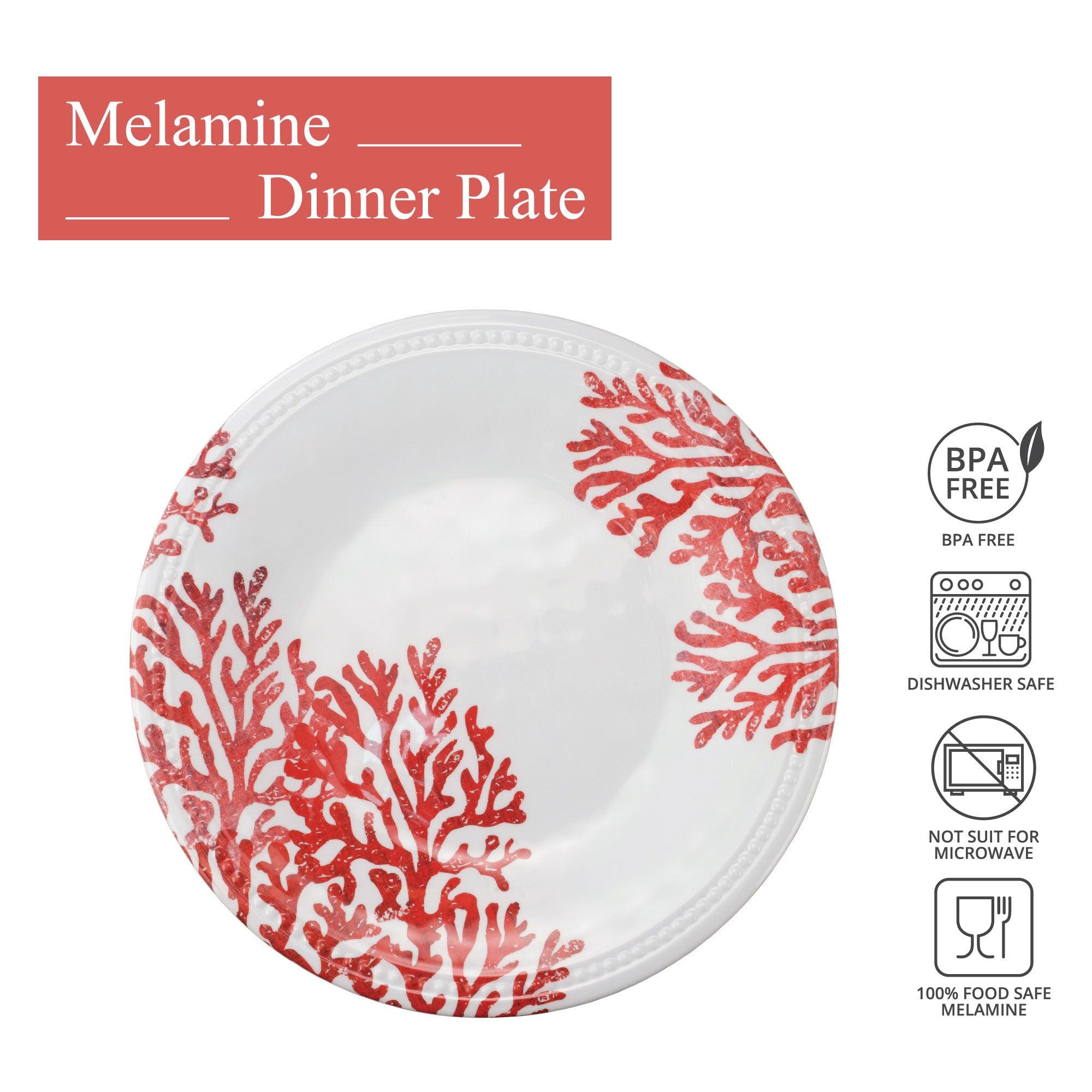 UP ware - Juego de platos de melamina de coral rojo, platos redondos con borde de cuentas para plato principal, pasta y ensalada, sin BPA, apto para lavavajillas, rojo, 10.75 pulgadas, juego de 6